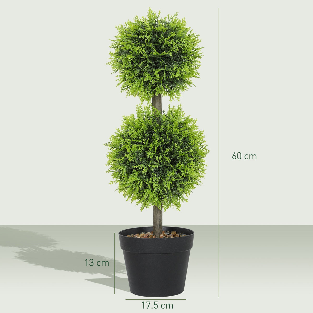 HOMCOM Set of 2 Decorative Artificial Plants, 60cm Faux Topiary Cypress Ball Trees with Plastic Pot and Pebbles, Fake Plants for Home Office Decor, Green