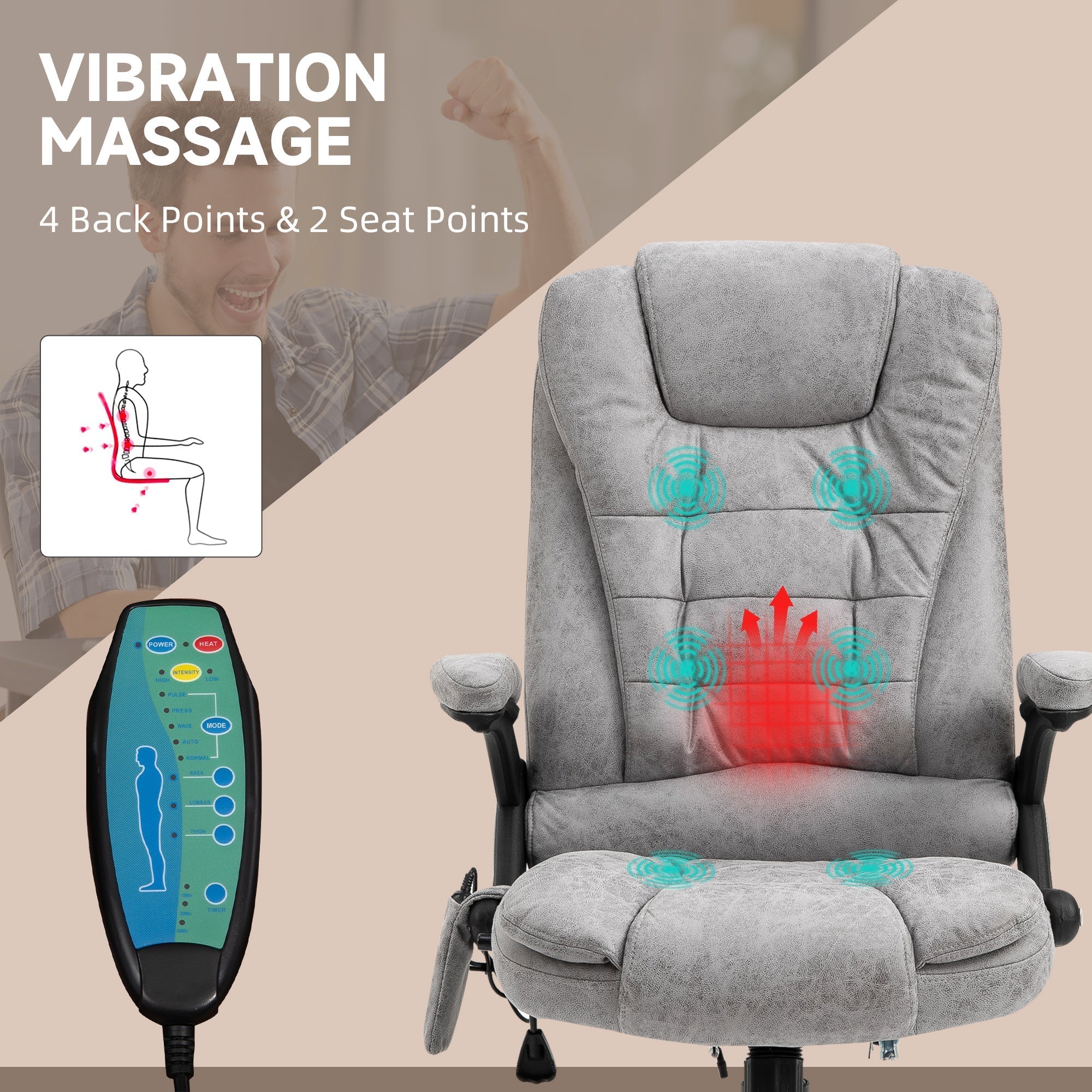 Vinsetto Massage Recliner Chair Heated Office Chair with Six Massage Points Microfiber Cloth 360 Swivel Wheels Grey