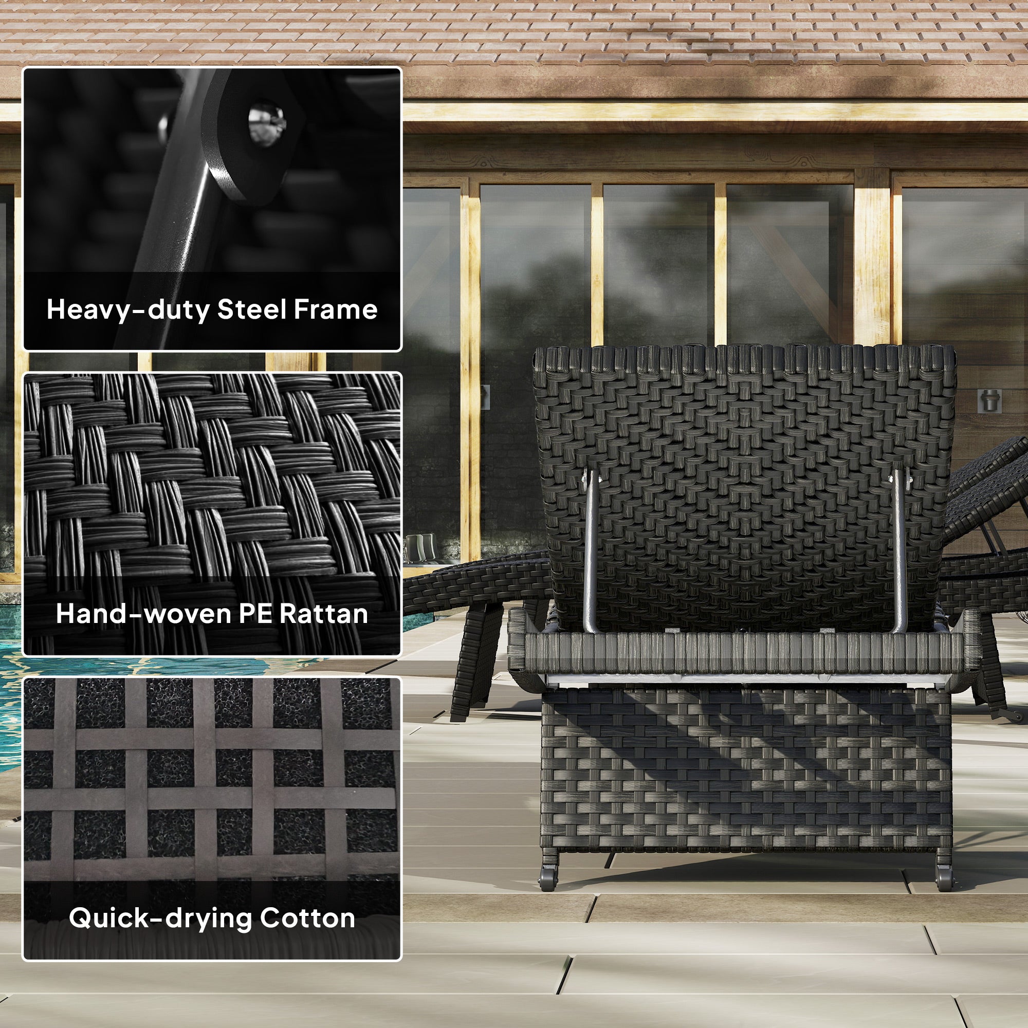 Outsunny Outdoor PE Rattan Sun Lounger, Folding Wicker Garden Lounger Recliner with 4-Level Adjustable Backrest, Rolling Sunbed Lounge Chair with Wheels, Non-Slip Legs for Balcony, Beach, Black