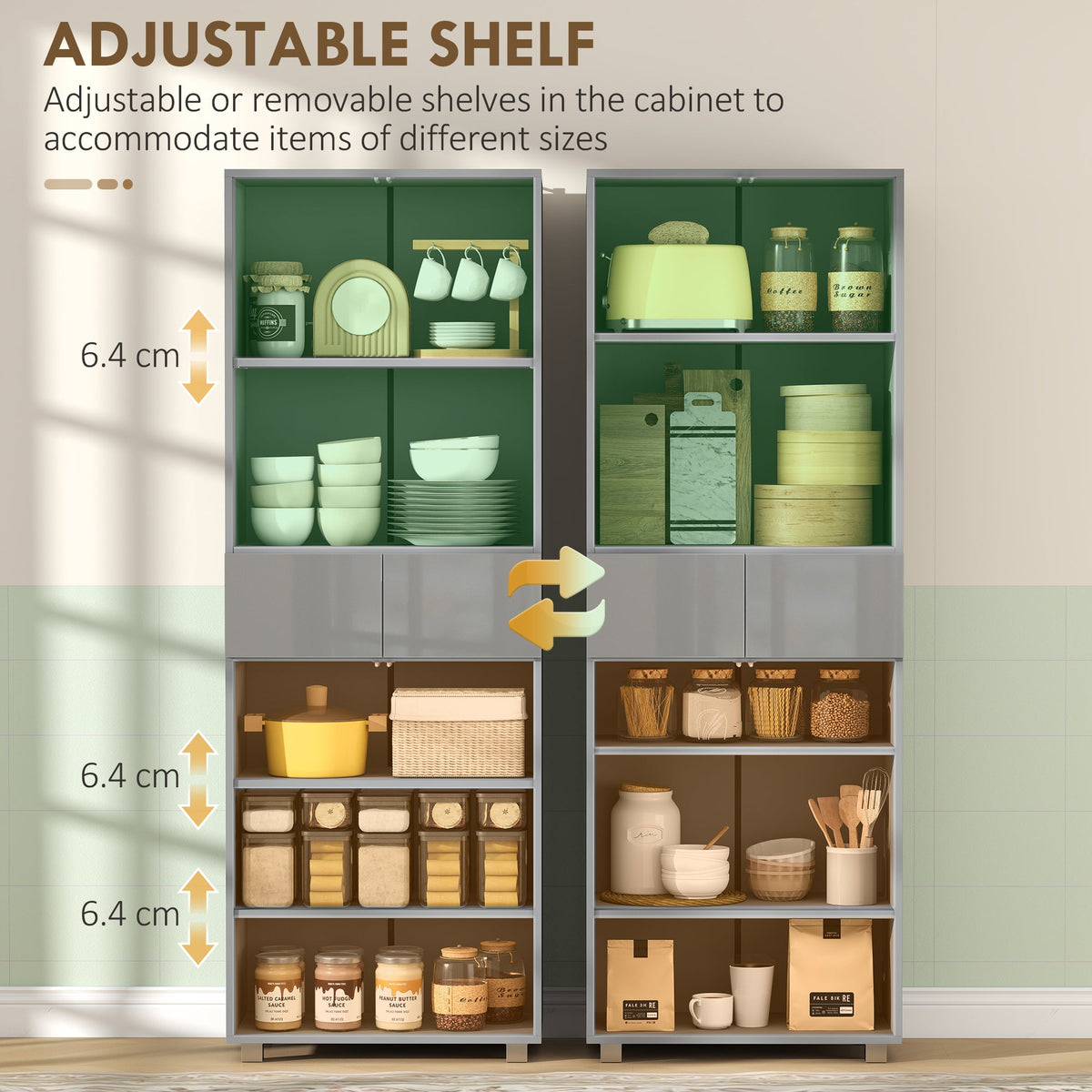 HOMCOM Storage Cabinet, Kitchen Cupboard with 3 Adjustable Shelves, 60L x 35W x 170H cm, High Gloss Grey