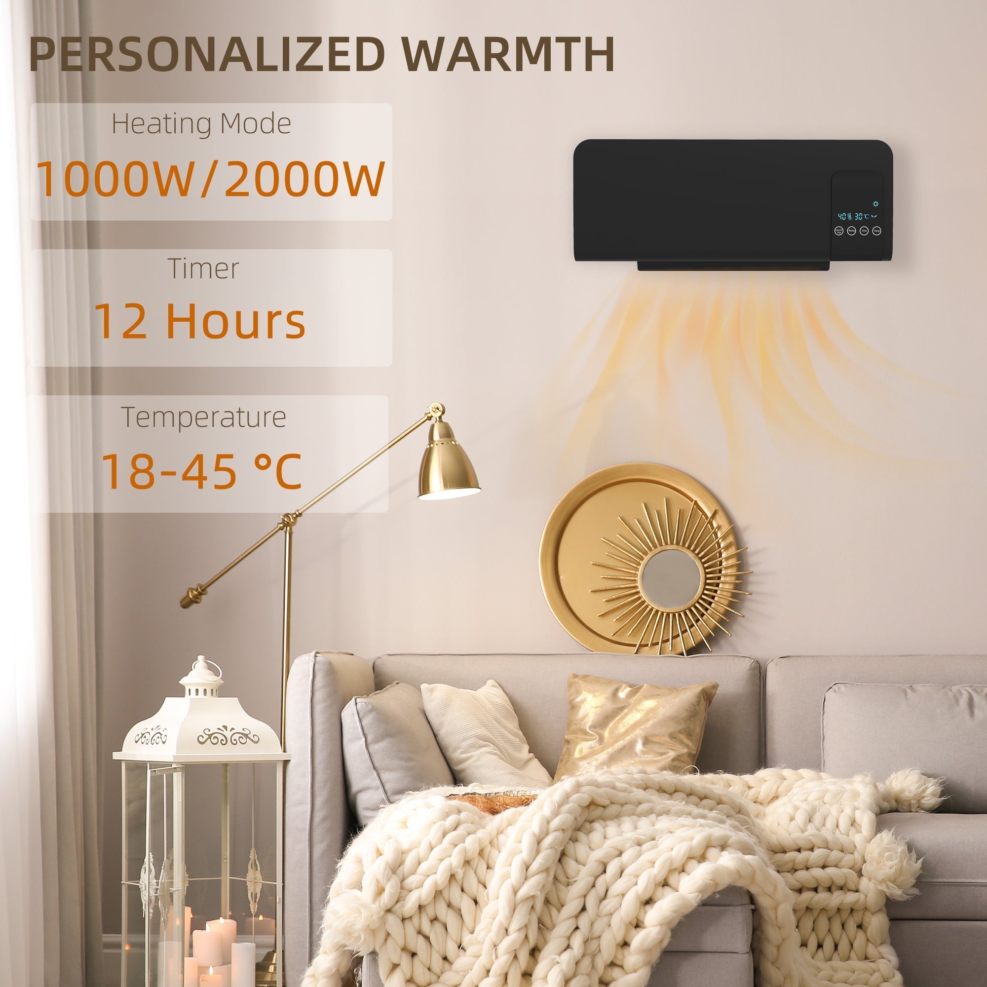 HOMCOM 2000W Wall Mounted Heater, 18-45√Ç¬∞C Temperature, Black