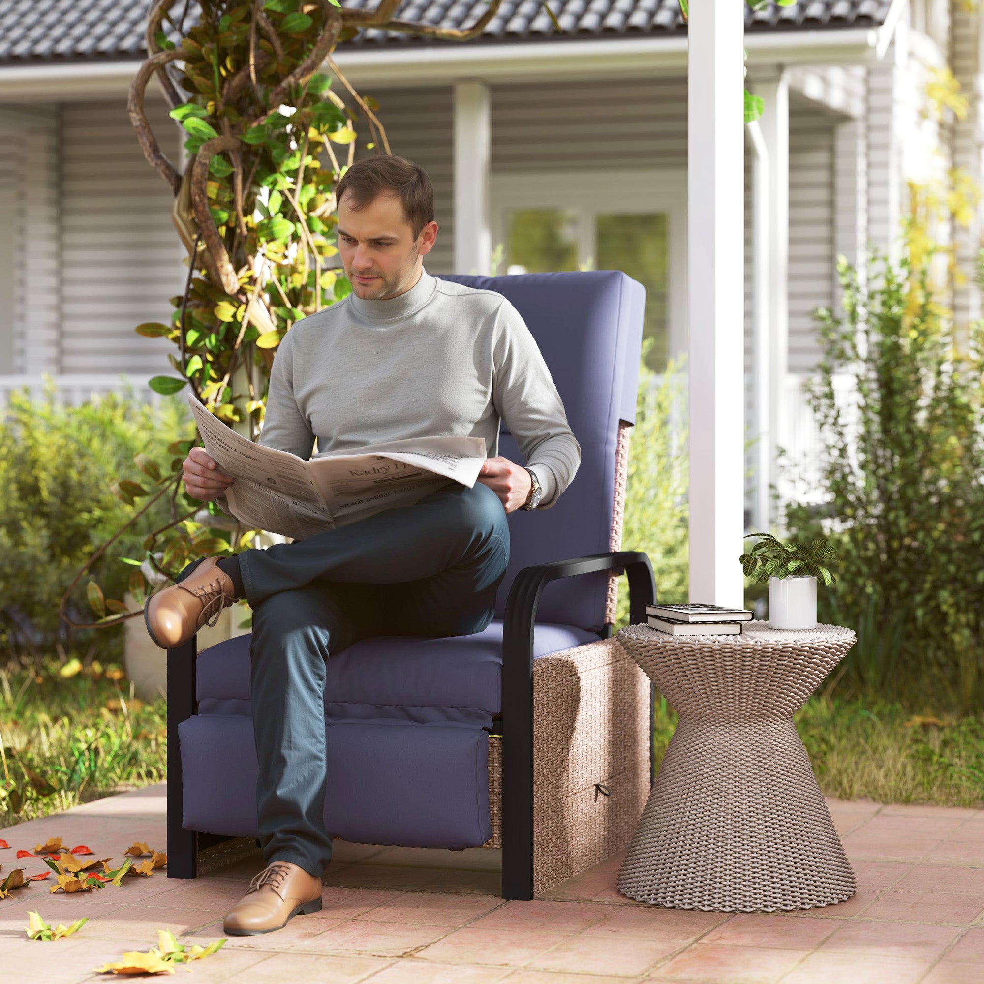 Outsunny 140√Ç¬∞ Reclining Rattan Armchair - Brown/Blue