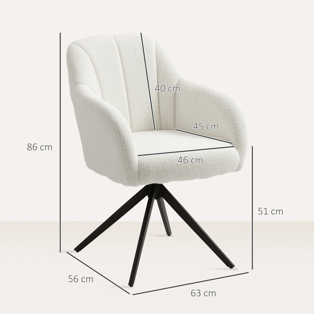 HOMCOM 360 Degree Swivel Accent Chair, Teddy Fleece Fabric Armchair, Upholstered Tufted Vanity Chair with Steel Legs for Living Room, Bedroom, Home Office, White