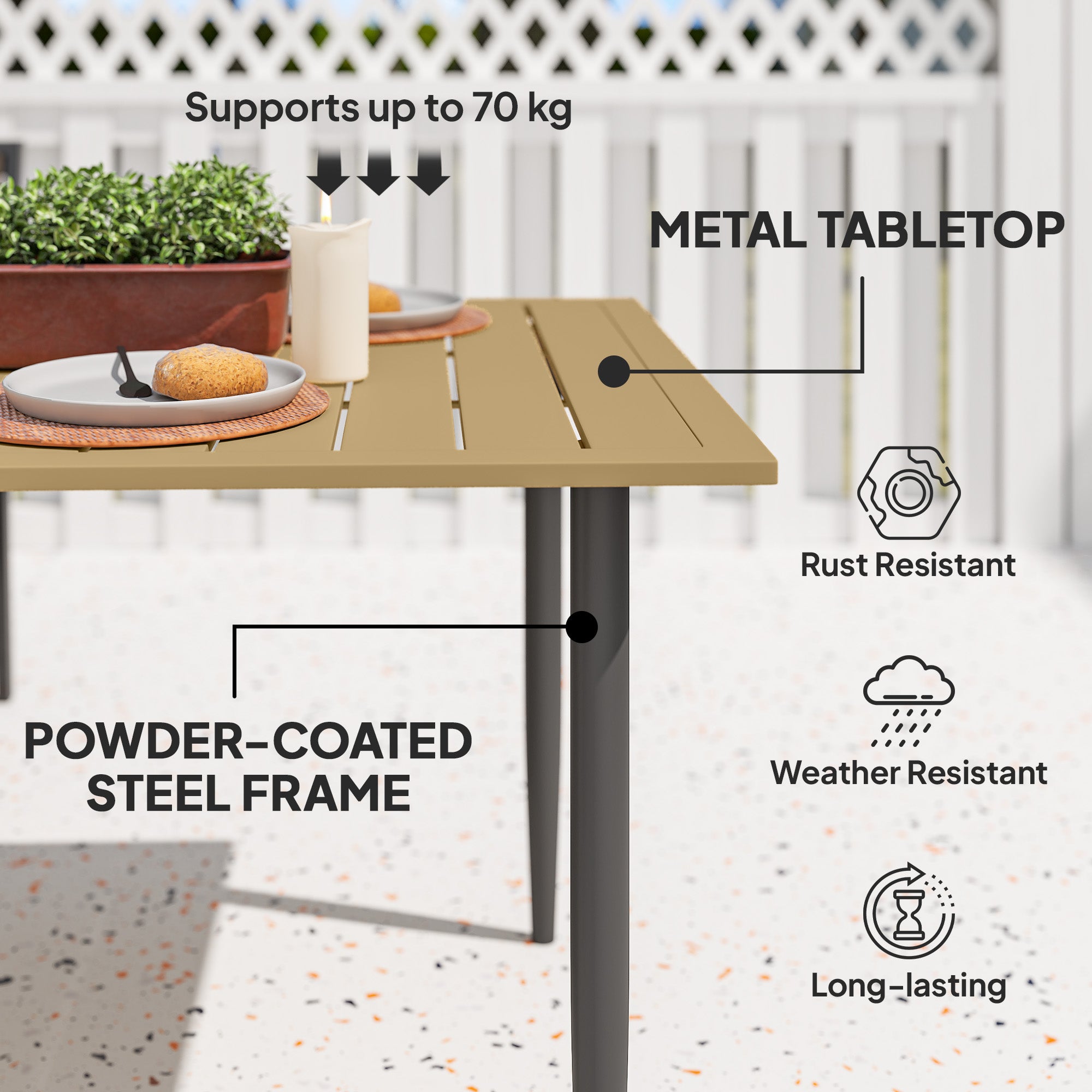 Outsunny Garden Dining Table, 150 x 90 cm Rectangle Outdoor Table with 5 cm Parasol Hole, Slatted Tabletop and Steel Frame for Patio Balcony, (Table Only) Brown