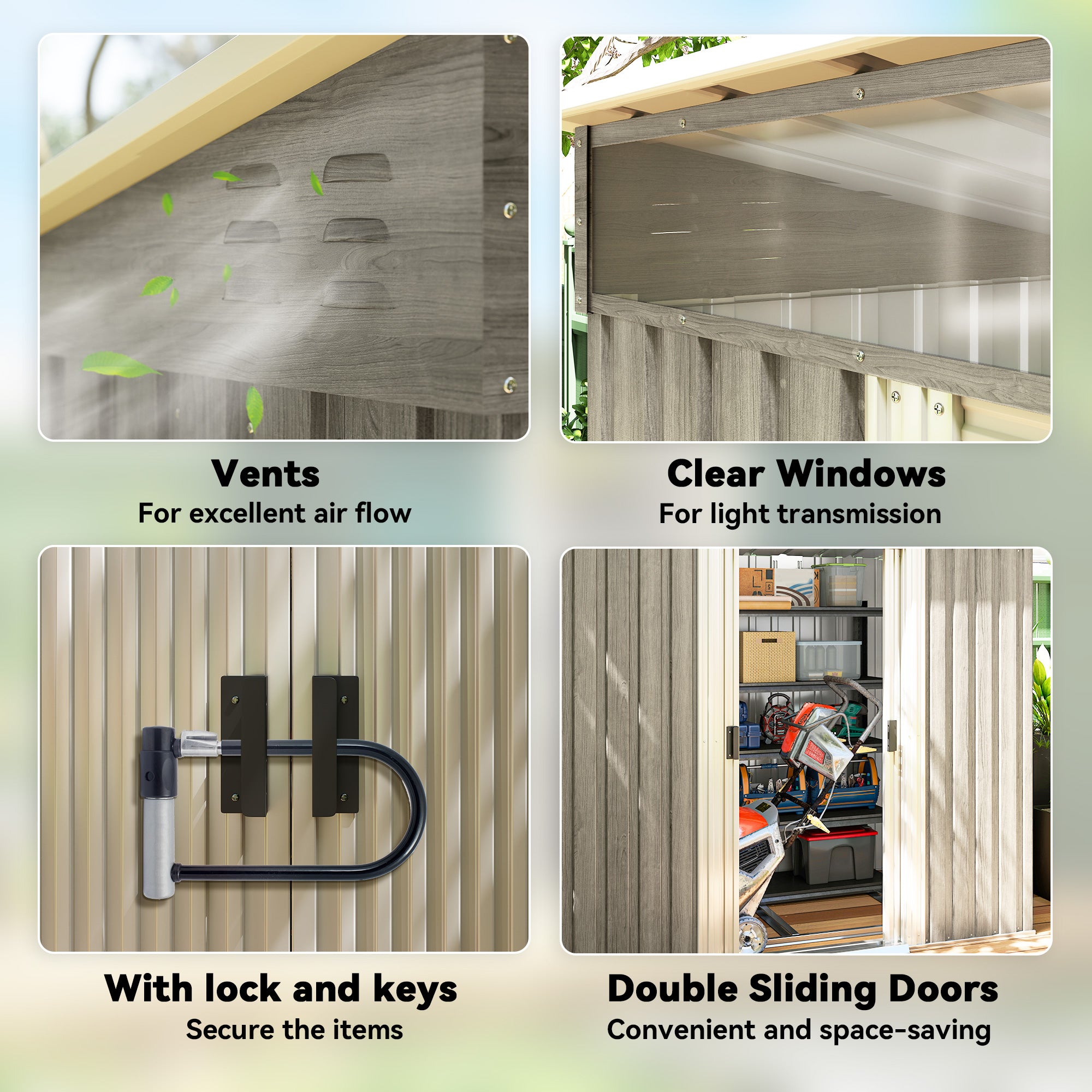 Outsunny 6.5 x 4FT Galvanised Metal Shed with Foundation Kit, Lockable Tool Garden Shed with Double Sliding Doors, Vents, Light Grey Wood Effect