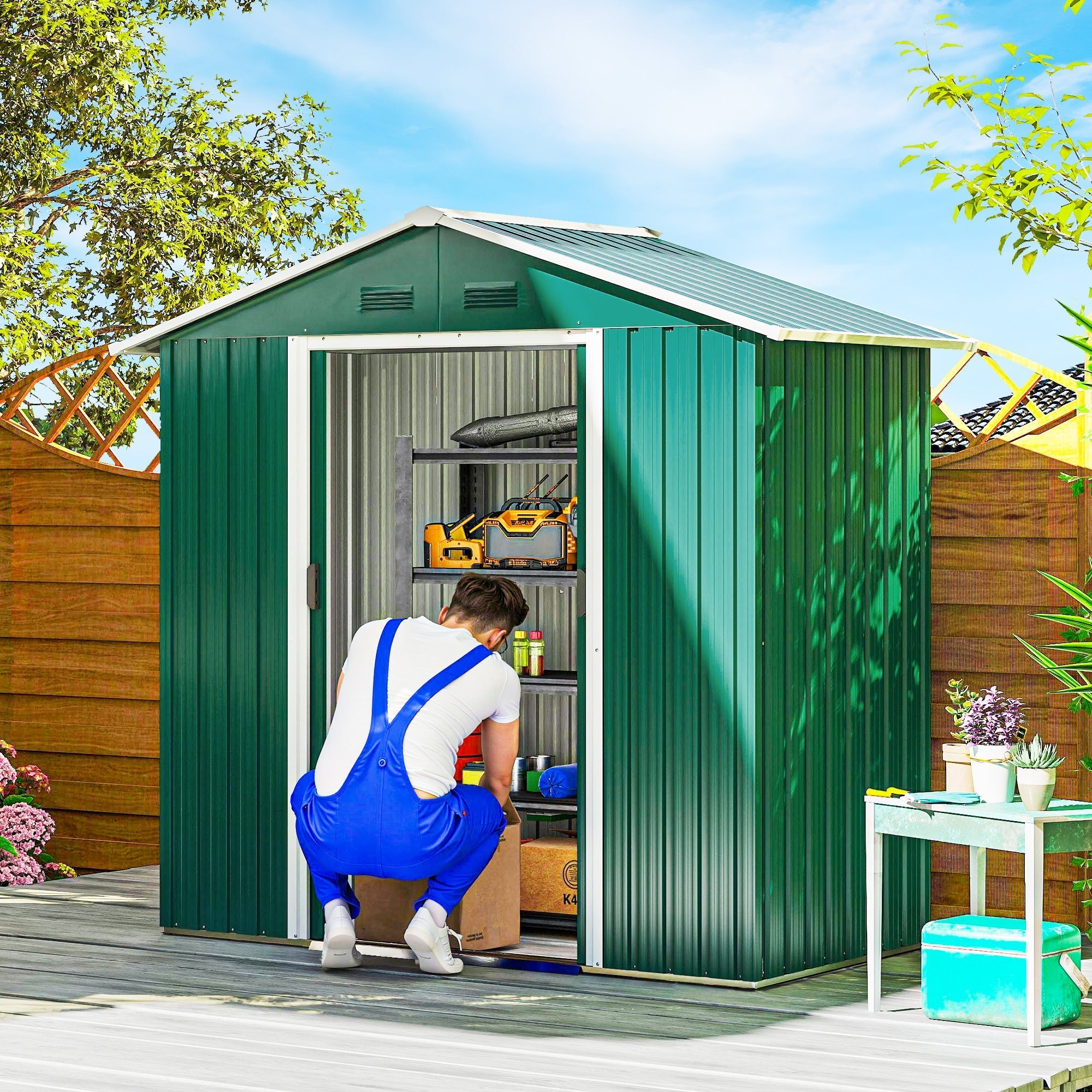 Outsunny 6.5ft x 3.5ft Metal Garden Storage Shed for Outdoor Tool Storage with Double Sliding Doors and 4 Vents, Green