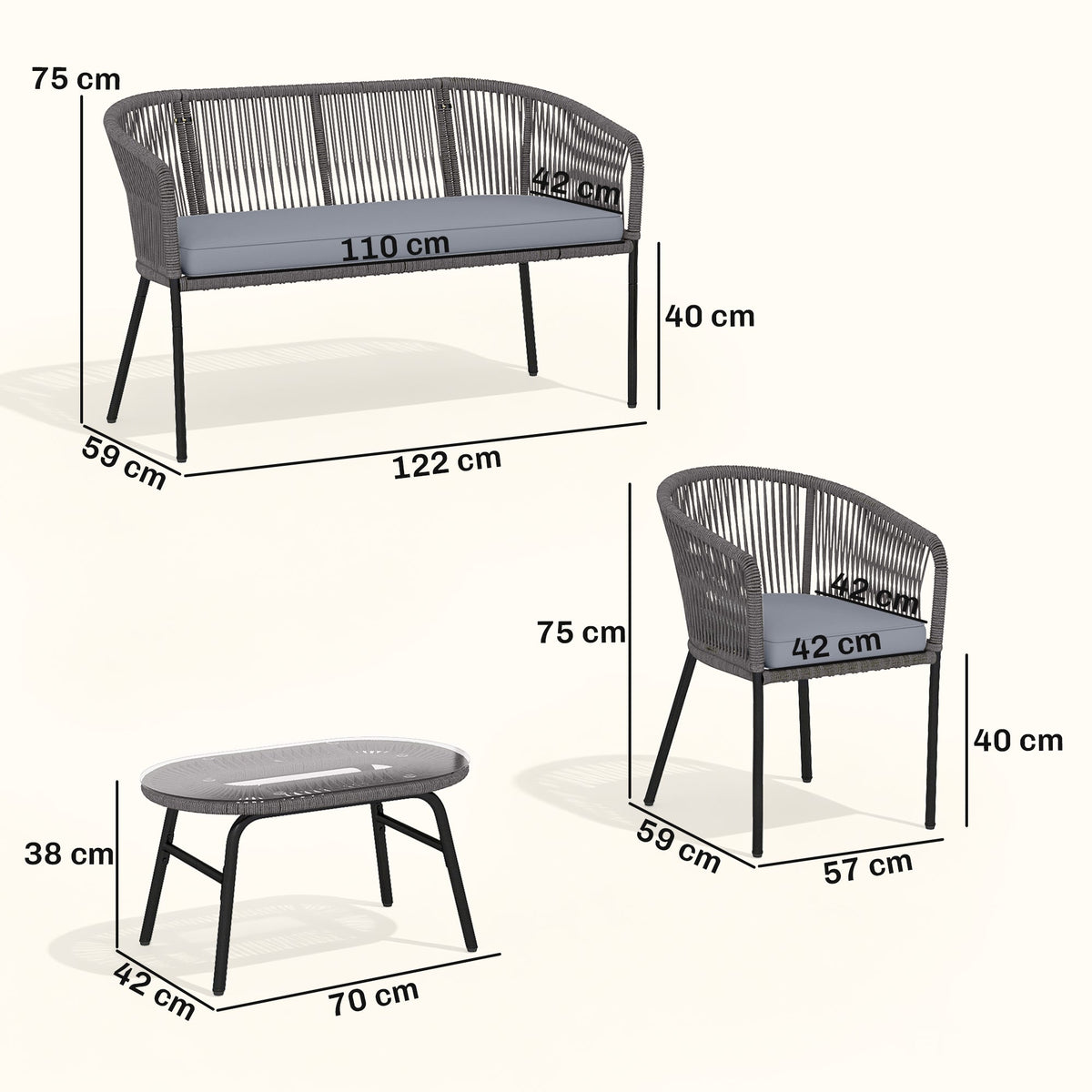 Outsunny 4 Piece Garden Furniture Set, Rope Garden Sofa Set with 1 Loveseat 2 Chairs Tempered Glass Table Cushions, Dark Grey