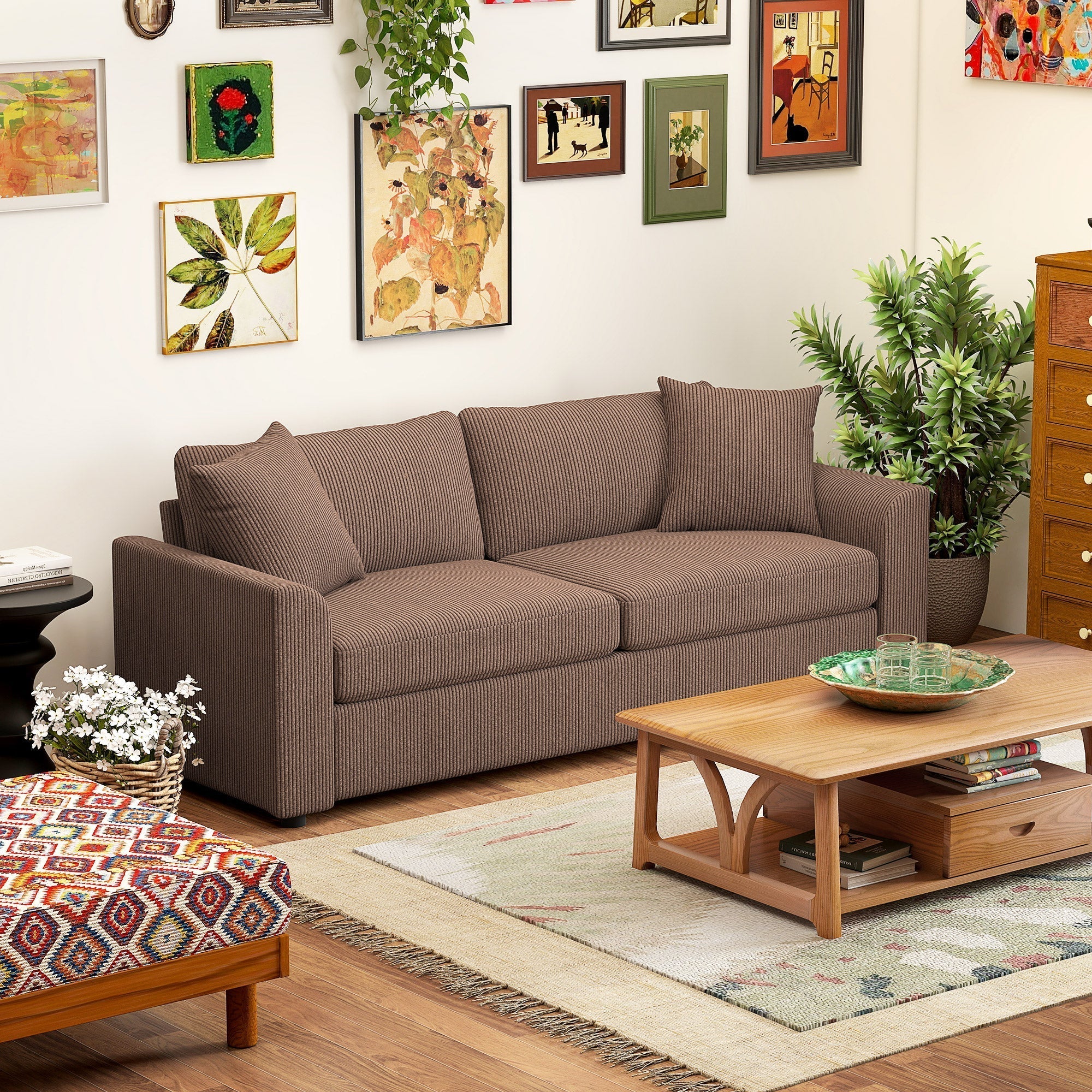 HOMCOM Modern 3 Seater Sofa with Spring Cushion, 212 cm Fabric Jumbo Cord Sofa Couch with 2 Scatter Cushions, Upholstered Corduroy Settee for Living Room, Bedroom, Home Office, Coffee