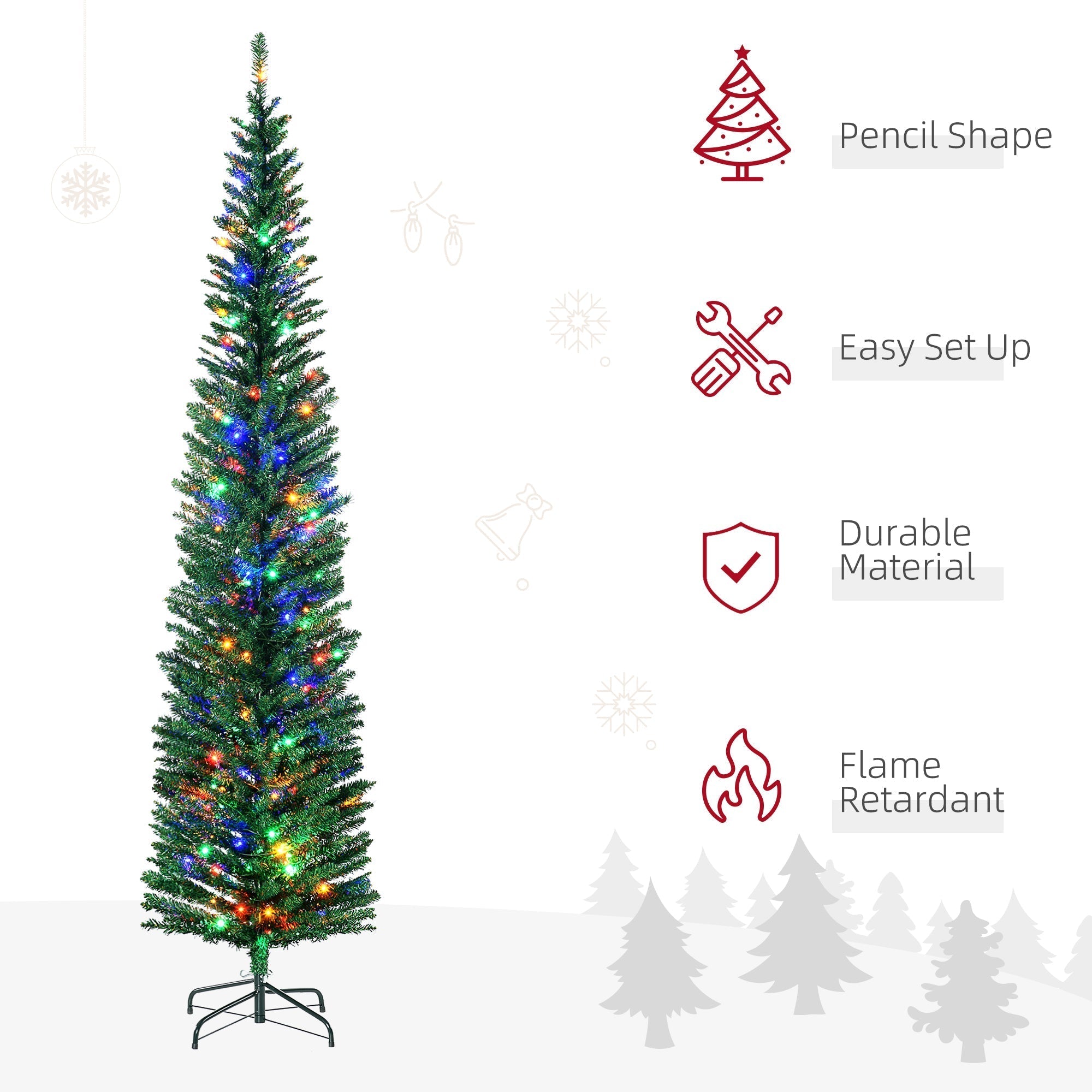 HOMCOM 7.5' Artificial Prelit Christmas Trees Holiday D√É¬©cor with Colourful LED Lights, Pencil Shape, Steel Base