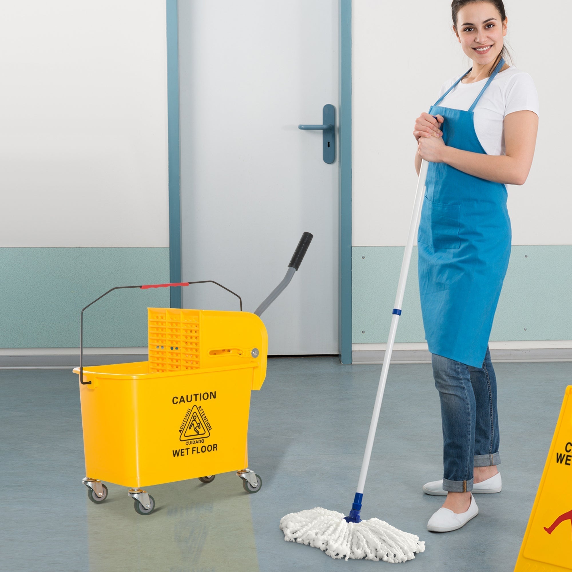 HOMCOM 20L Mop Bucket on Wheels, with Water Separation Panel - Yellow