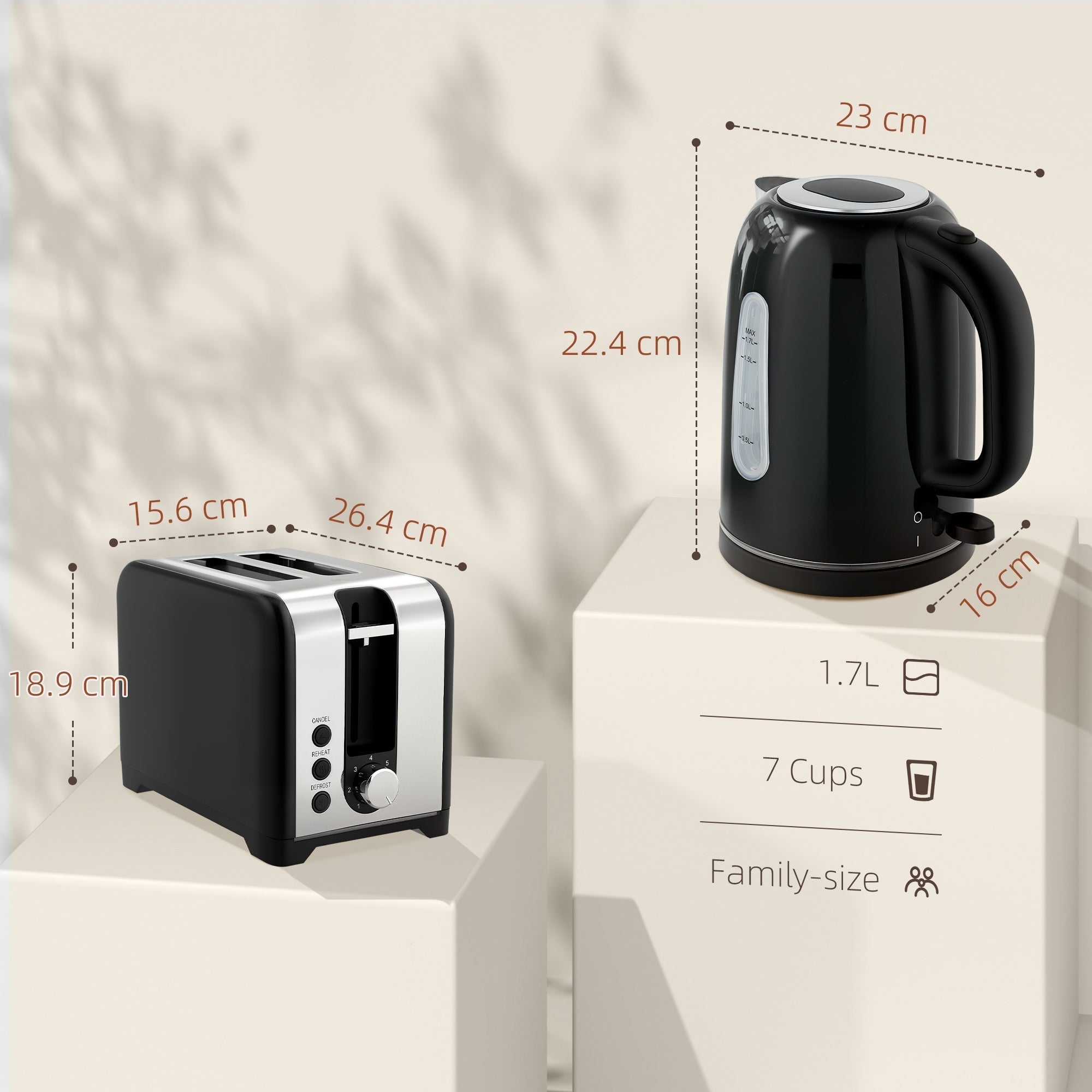 HOMCOM Simple Polished Toaster and Kettle Set - Black