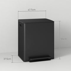 HOMCOM 50L Dual Compartment Stainless Steel Bin, with Deodoriser Holders - Black