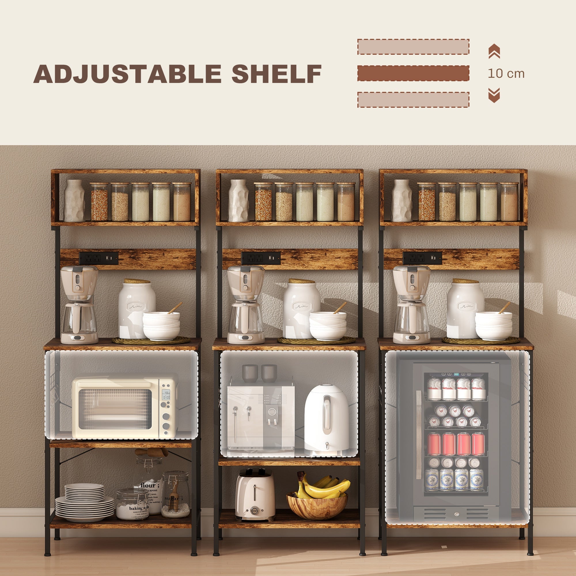 HOMCOM Bakers Rack with Power Outlet, USB Charger, Microwave Stand with Adjustable Shelves, 5 Hooks for Small Spaces, Kitchen Storage Unit for Spices, Pots and Pans, Rustic Brown