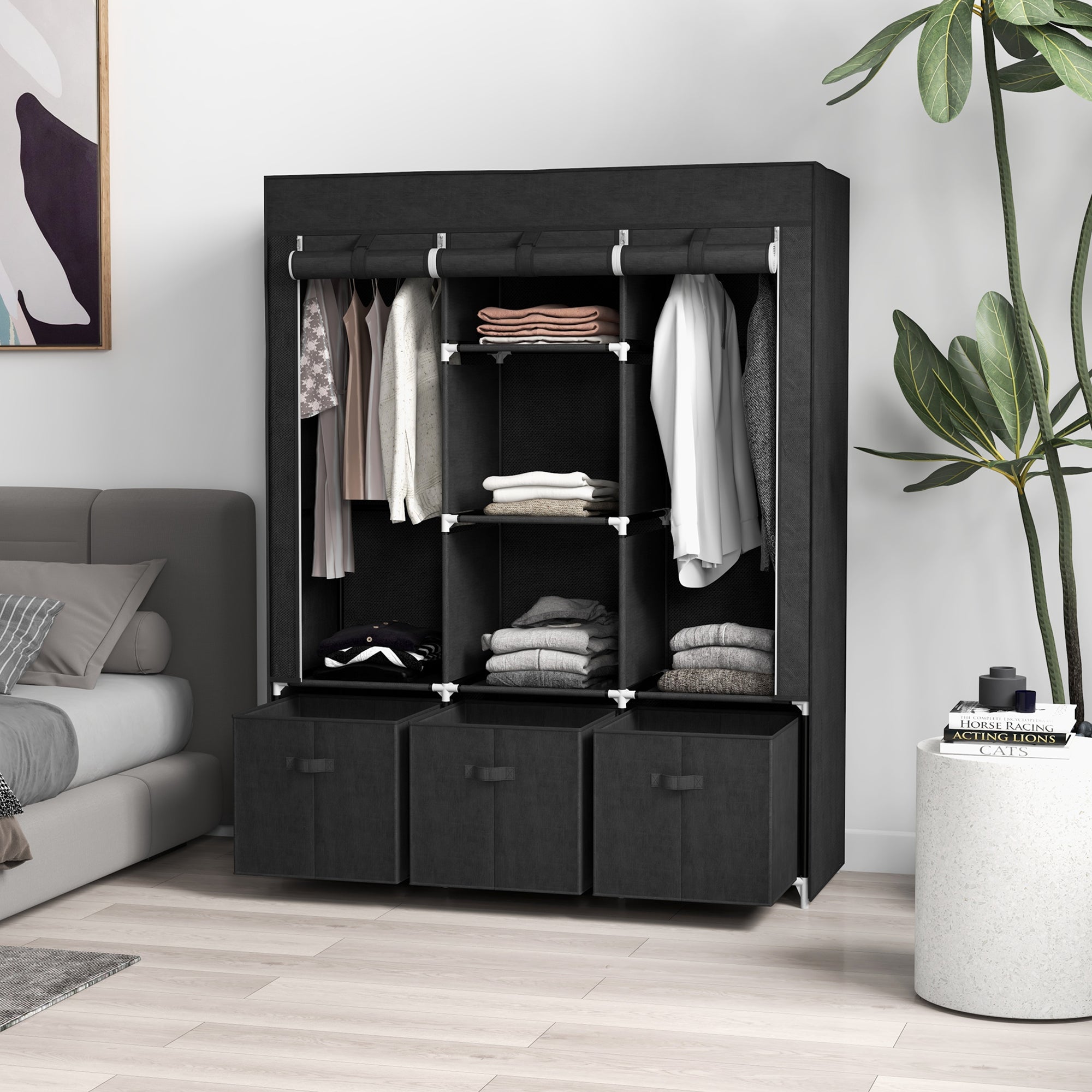 HOMCOM Foldable Fabric Wardrobe for Bedroom, Portable Wardrobe with 5 Shelves, 2 Hanging Rails and 3 Fabric Drawers, Black