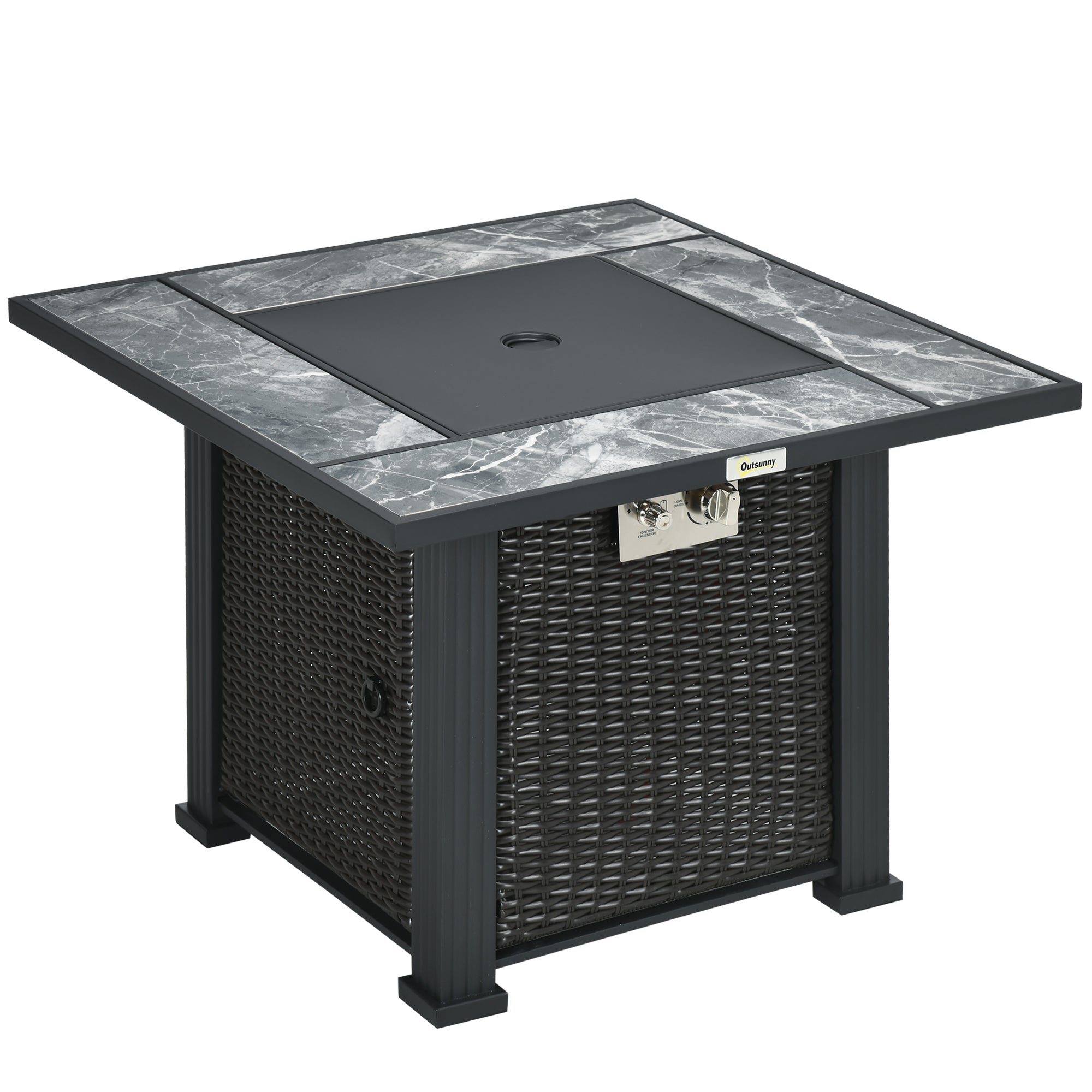 Outsunny Outdoor PE Rattan Gas Fire Pit Table, Patio Square Propane Heater with Marble Desktop, Rain Cover, Glass Windscreen, and Glass Stones, 50,000 BTU, Black