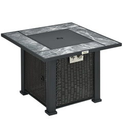 Outsunny Outdoor PE Rattan Gas Fire Pit Table, Patio Square Propane Heater with Marble Desktop, Rain Cover, Glass Windscreen, and Glass Stones, 50,000 BTU, Black