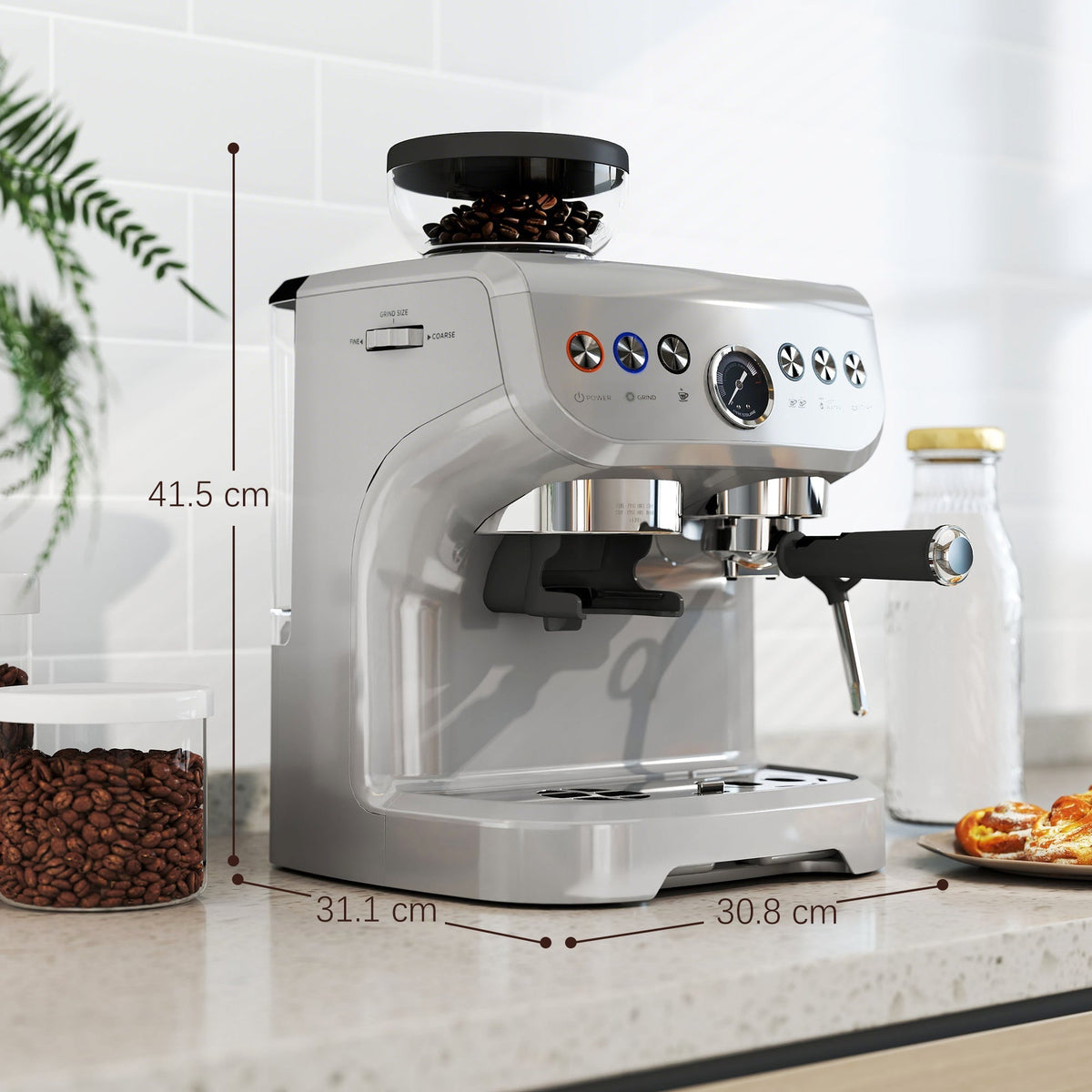 HOMCOM 15 Bar Coffee Machine, with Adjustable Grind, Steamer and Accessories - Silver Colour