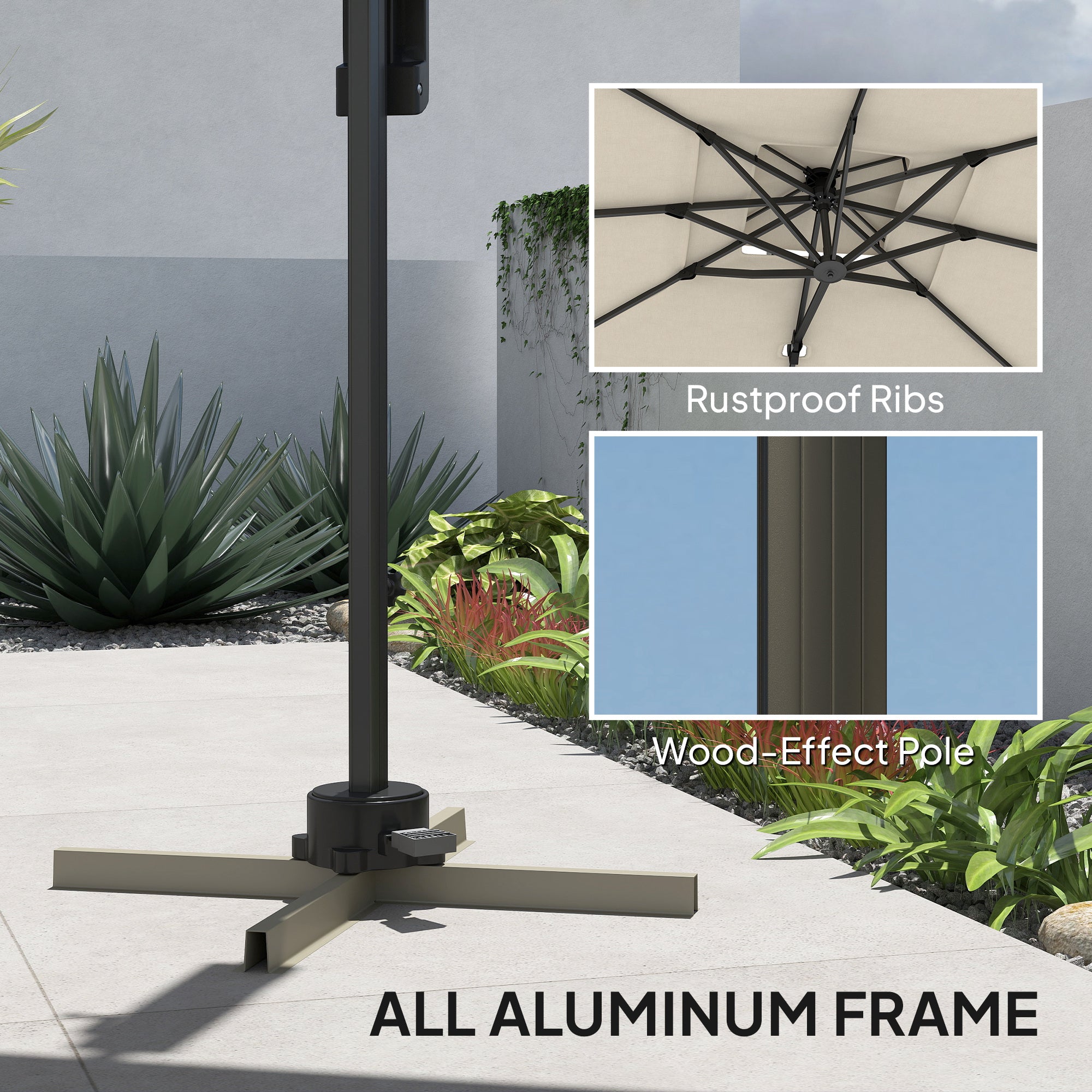 Outsunny 3.7 x 2.7 m Cantilever Parasol w/ 360√Ç¬∞ Rotation and Easy Tilt Adjustment, Aluminium Hanging Offset Outdoor Umbrella w/ Double Top, Cross Base, UPF50+ Hanging Sun Shade, Black Pole