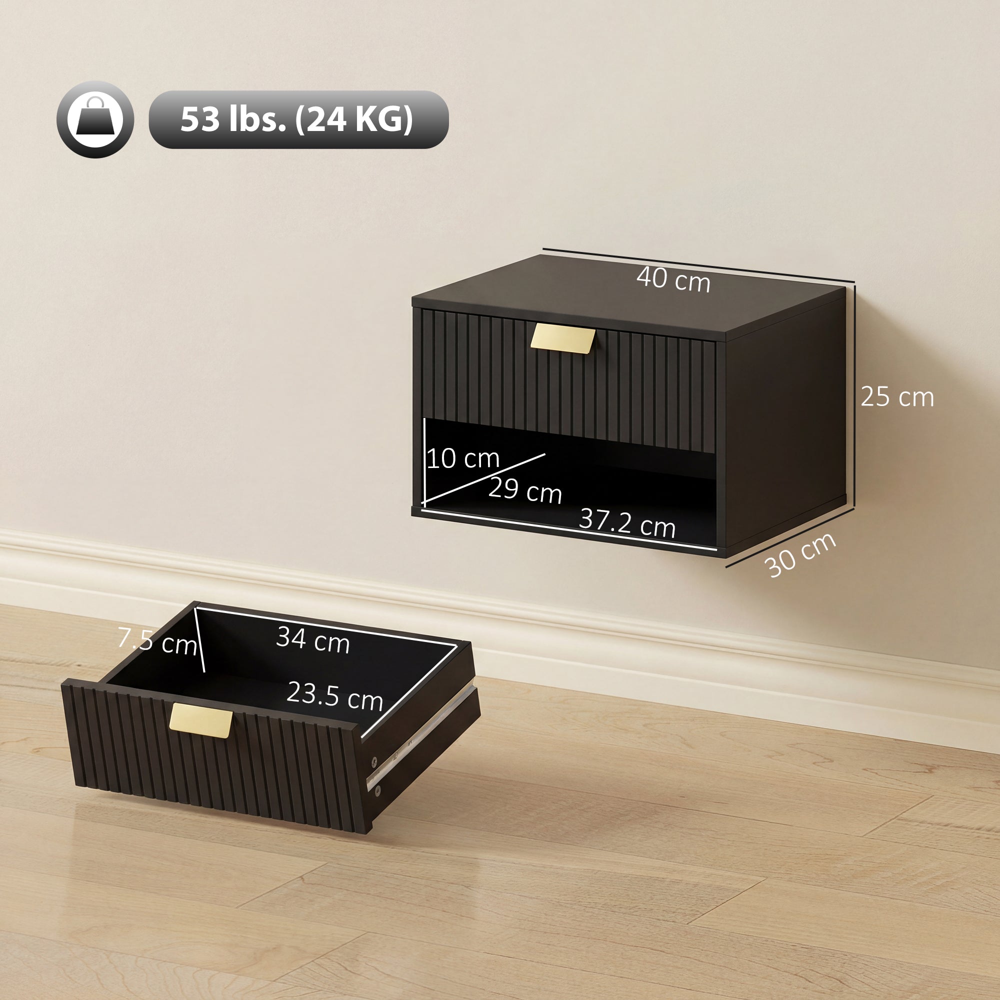 HOMCOM Set of 2 Wall Mounted Nightstands, Floating Bedside Tables with Fluted Drawer and Open Shelf for Small Bedroom, Black