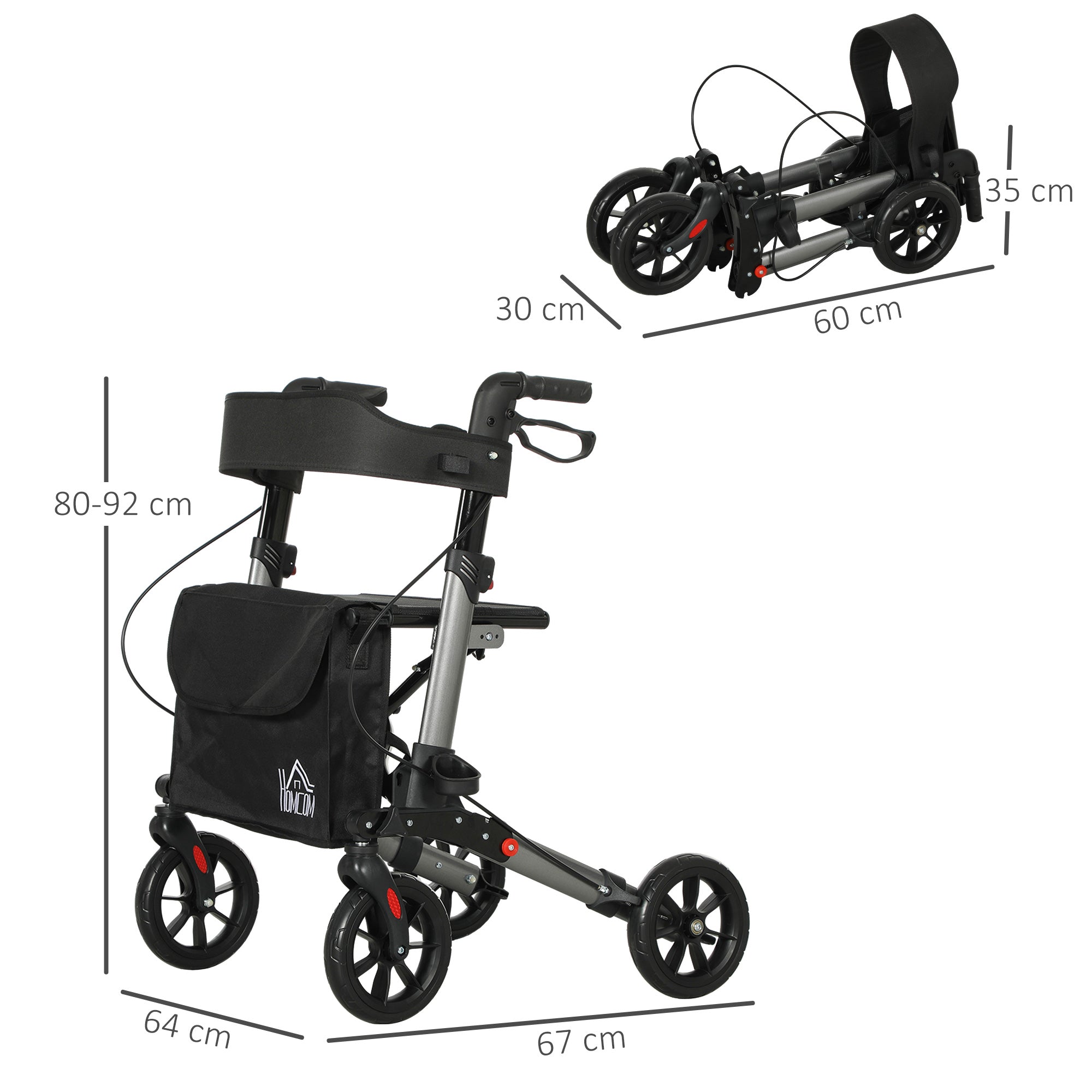 HOMCOM 4 Wheel Rollator with Seat and Back, Folding Mobility Walker with Carry Bag, Adjustable Height, Dual Brakes, Cane Holder, Lightweight Aluminium Walking Frame for Seniors and Disabled, Silver