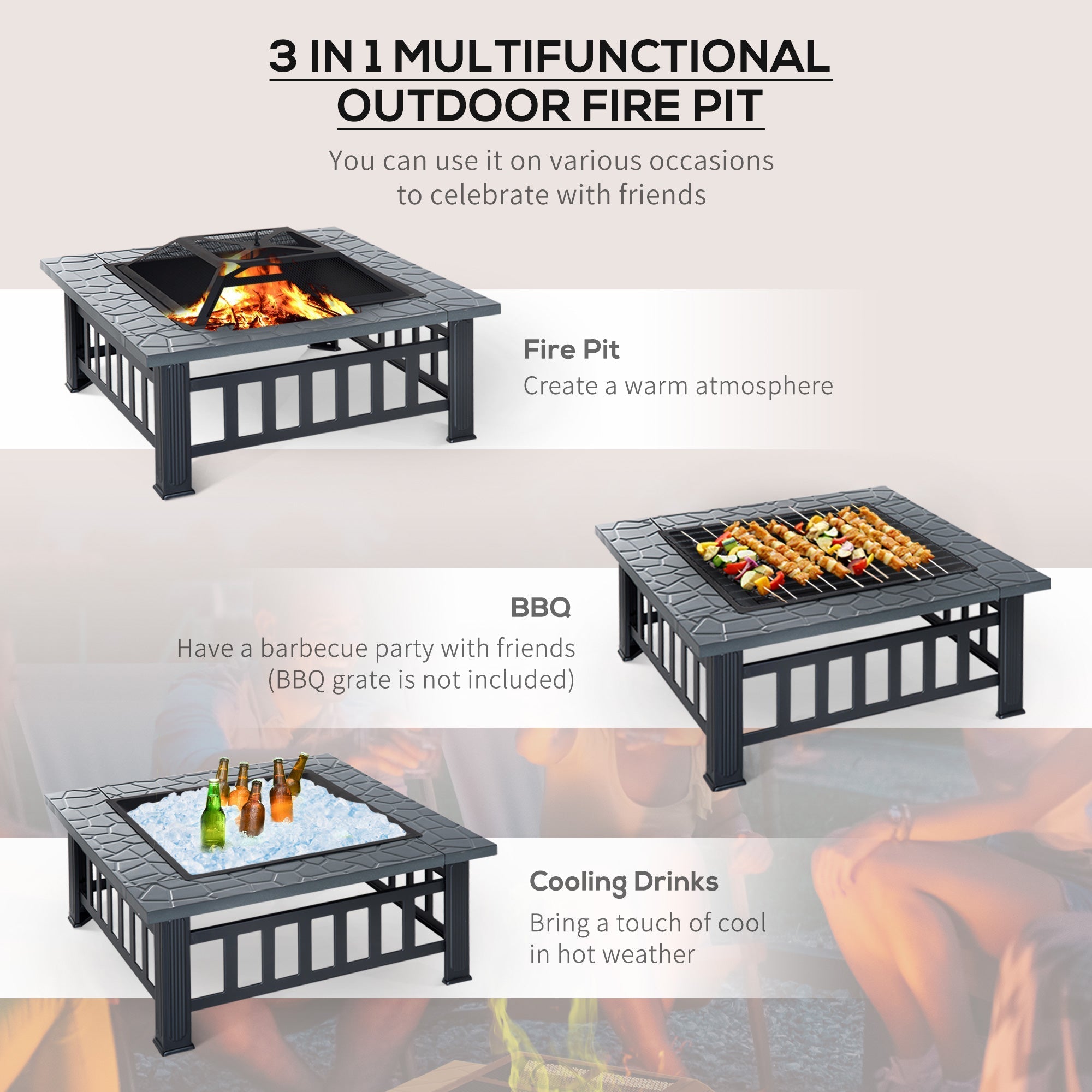 Outsunny Metal Large Firepit Outdoor Square Fire Pit Brazier with Rain Cover, Lid, Log Grate, Poker for Backyard, Camping, BBQ, Bonfire, Wood Burning Stove, 86 x 86 x 54cm, Black