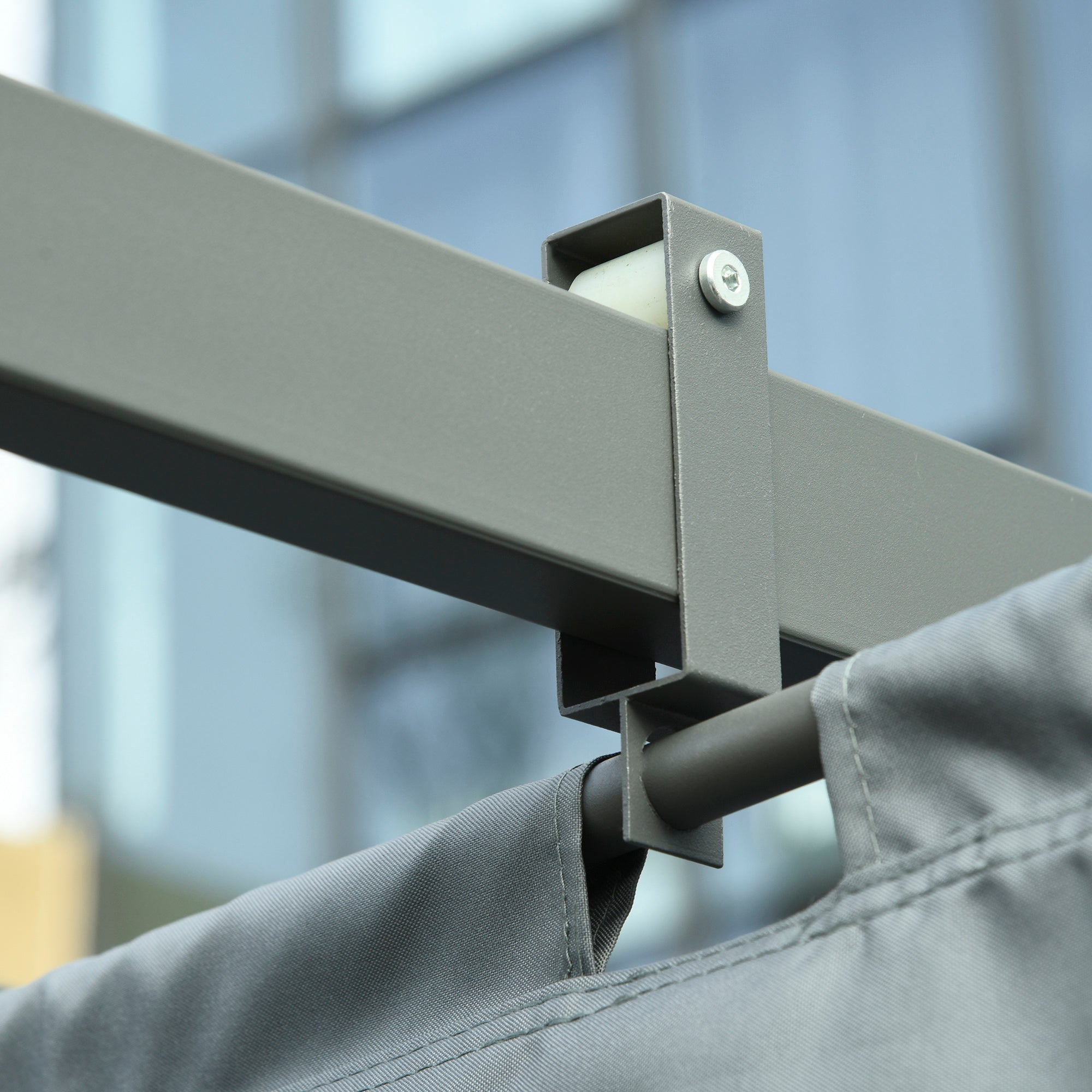 Outsunny 3.6 x 3(m) Outdoor Pergola with Retractable Roof and Curtains, Garden Gazebo Canopy Sun Shade Shelter with Aluminum Frame, Dark Grey