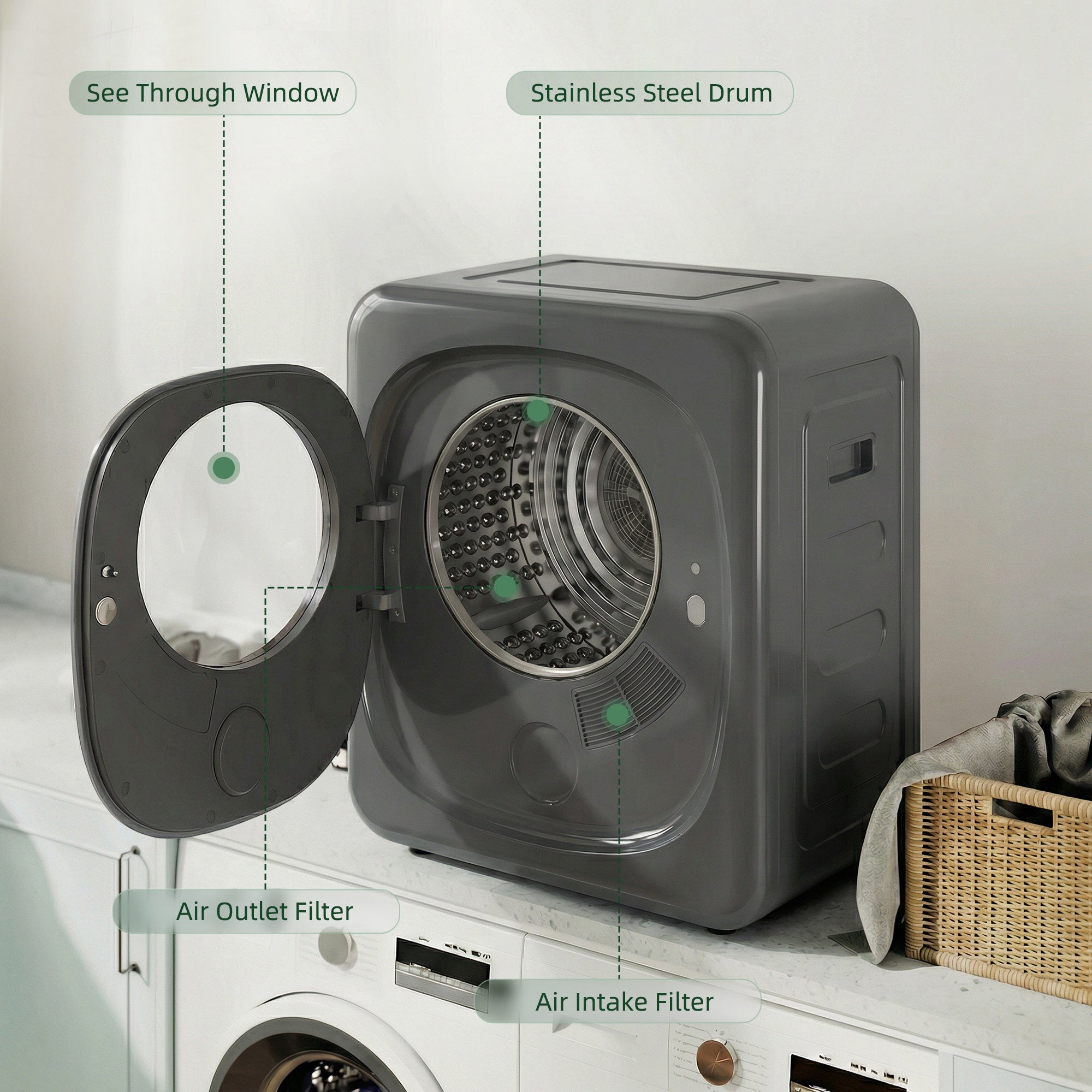 HOMCOM 4kg Vented Tumble Dryer with 5 Drying Mode, 800W Compact Freestanding Front Tumble Dryer Grey