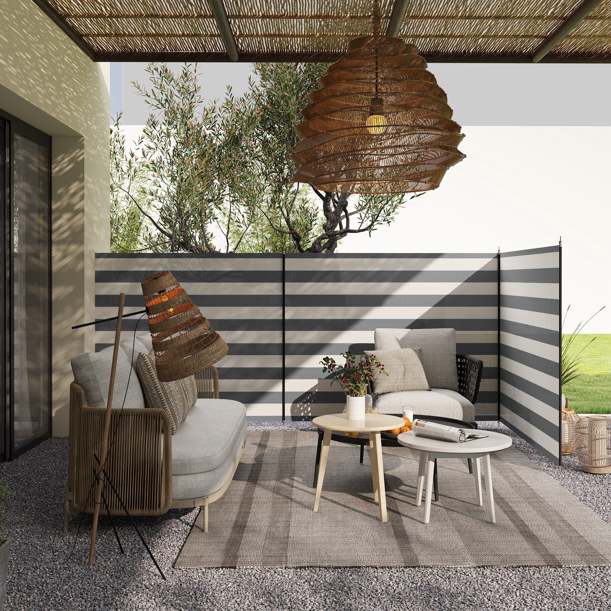 Outsunny 4 Pole Camping Windbreaks, Beach Wind Shield Shelter with Carry Bag and Steel Poles, Outdoor Caravan Privacy Shield, 540cm x 150cm, Grey and White