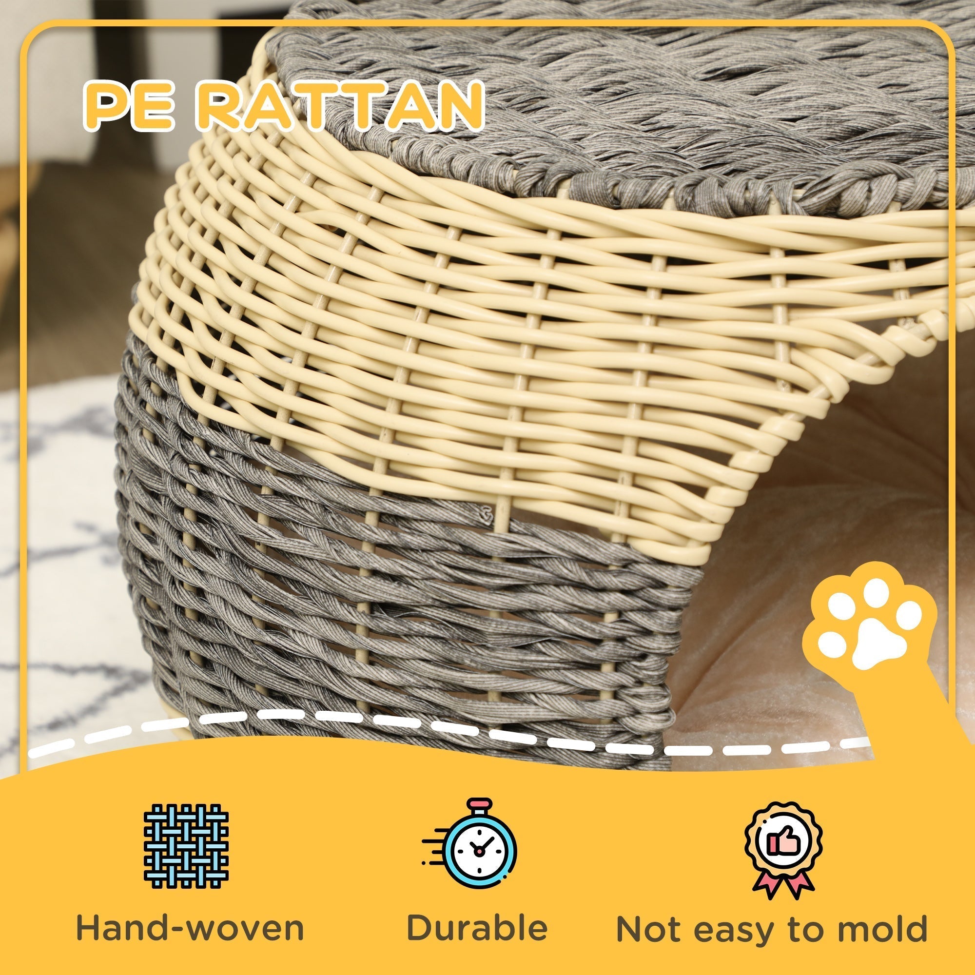 PawHut Wicker Cat House, Rattan Raised Cat Bed, Cosy Kitten Cave with Soft Washable Cushion, â40 x 30cm