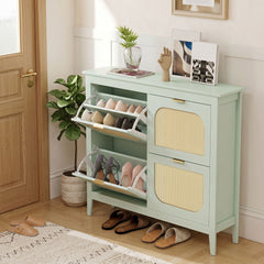 HOMCOM Narrow Shoe Cabinet, Boho Slim Shoe Storage Cabinet with 4 Flip Drawers, Holds 20 Pairs, Light Green