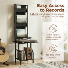 HOMCOM Vinyl Record Player Stand Record Storage with Player Stand Oxford Fabric Pockets Bottom Shelf, Black