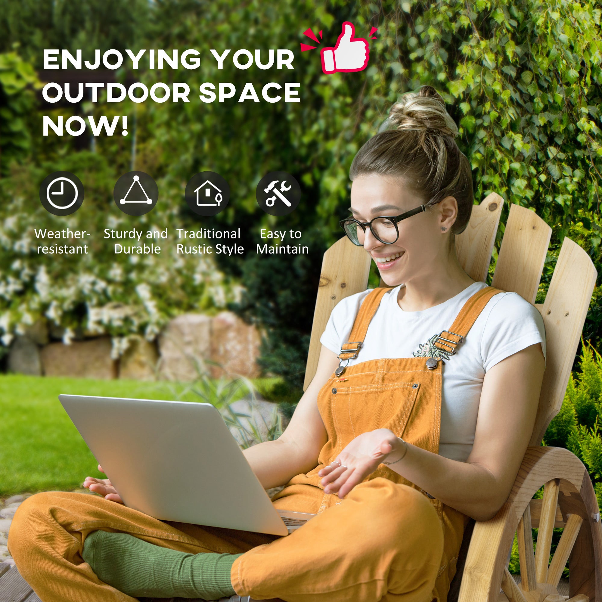 Outsunny 2 Piece Wooden Adirondack Rocking Chair Reclining Armchair Outdoor Garden Furniture Patio Porch Rocker - Natural