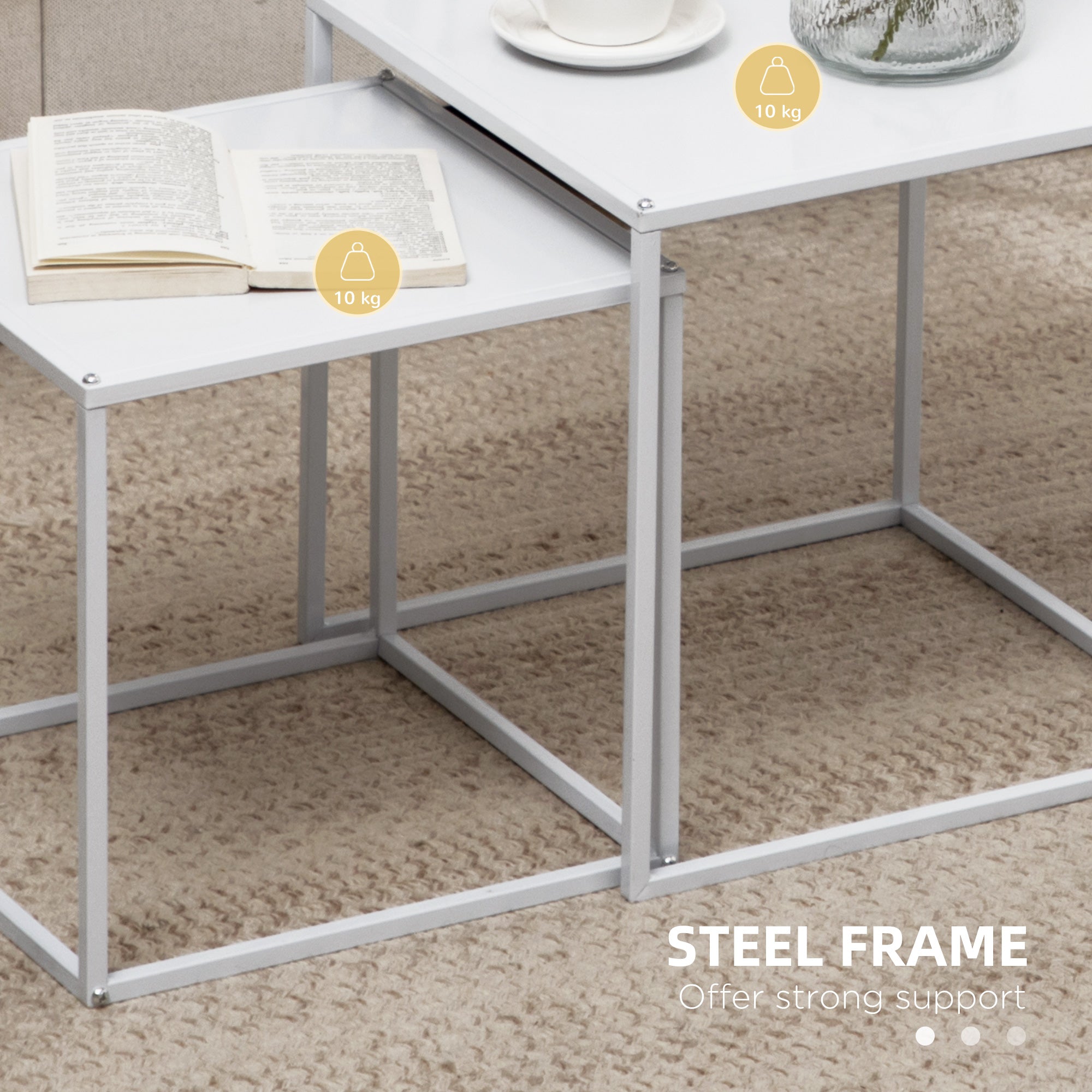 HOMCOM Square Nesting Coffee Table Set of 2, Modern Nest of Tables, Sofa Side Tables with Steel Frame for Living Room, Bedroom, Small Space, White