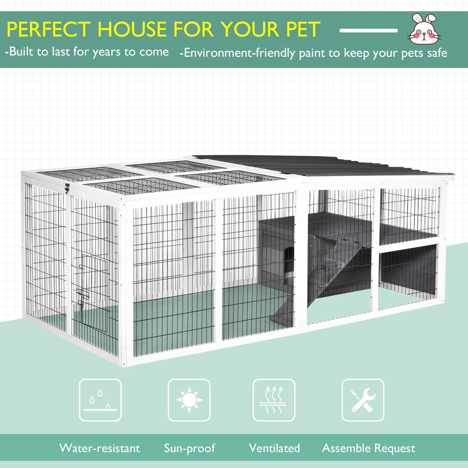 PawHut Guinea Pigs Hutches Wooden Small Rabbits Hutches Pet Run Cover Indoor Outdoor, Grey