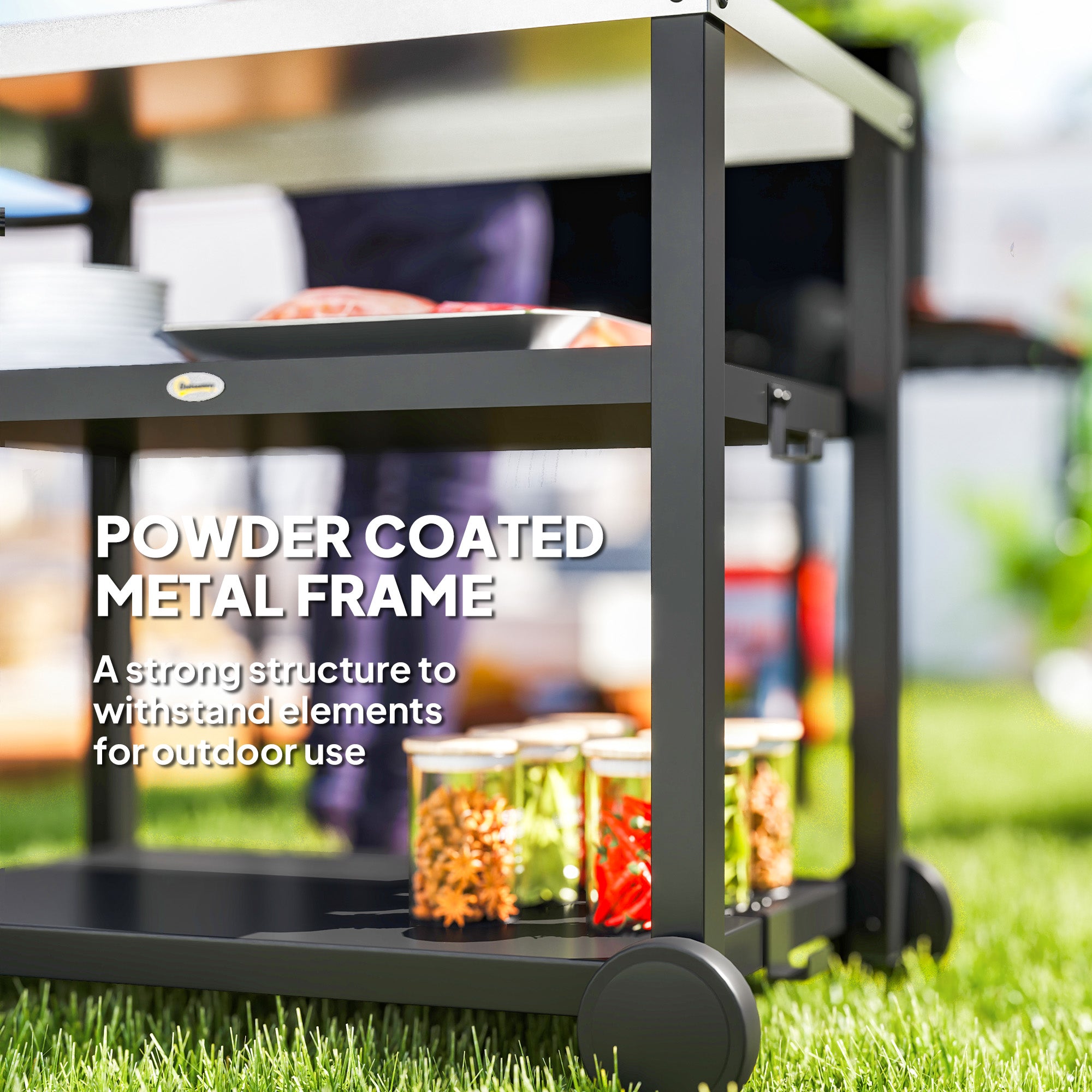 Outsunny Outdoor Grill Dining Cart 3-Shelf Movable Pizza Oven Table Stand with Stainless Steel Top, Portable BBQ Trolley Food Prep Outdoor Kitchen BBQ Station with Hooks Wheels Handle, Charcoal Grey