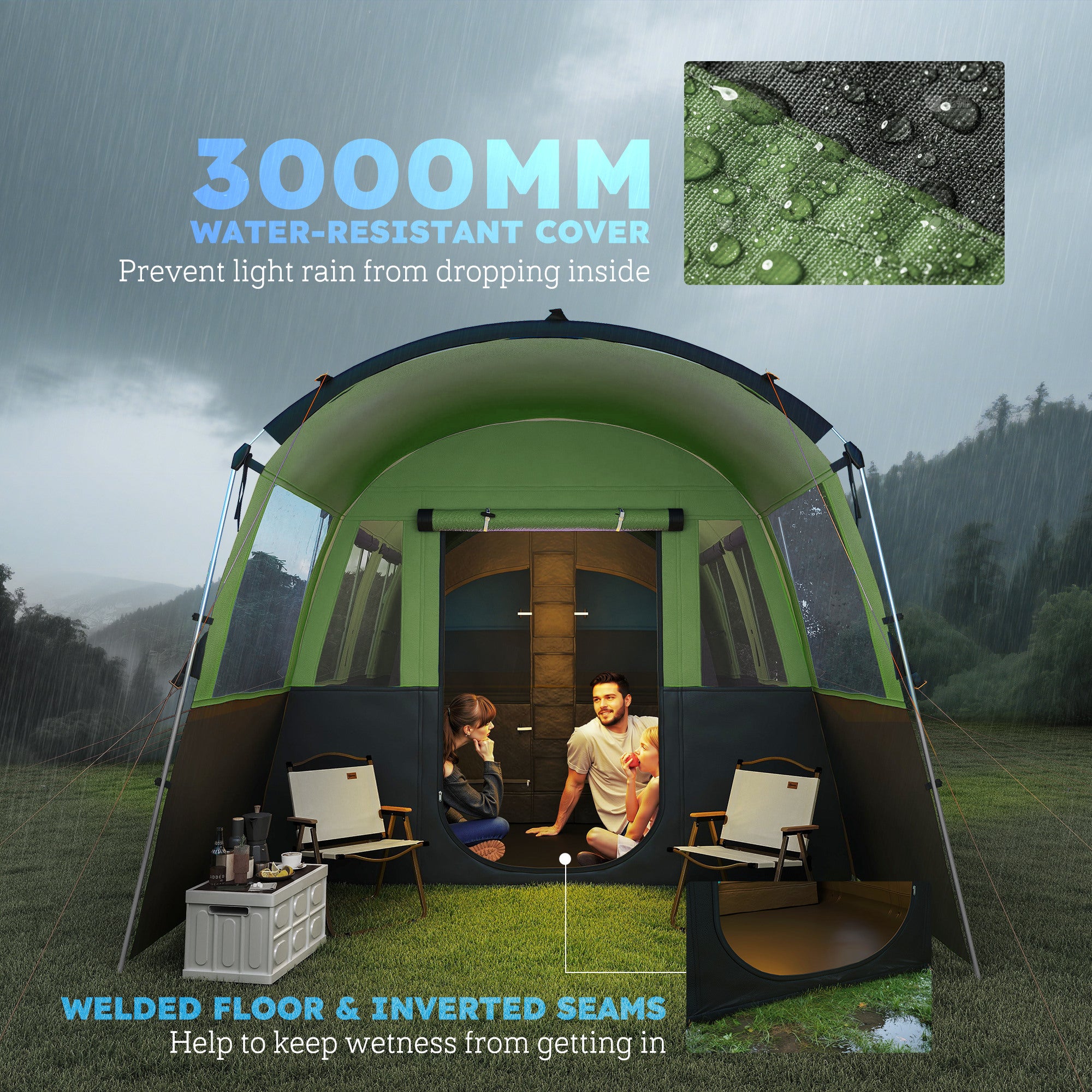 Outsunny 8-Person Camping Tent, Waterproof Family Tent, Tunnel Design, 4 Large Windows, Sleeping Cabins 3000mm Water Column Green