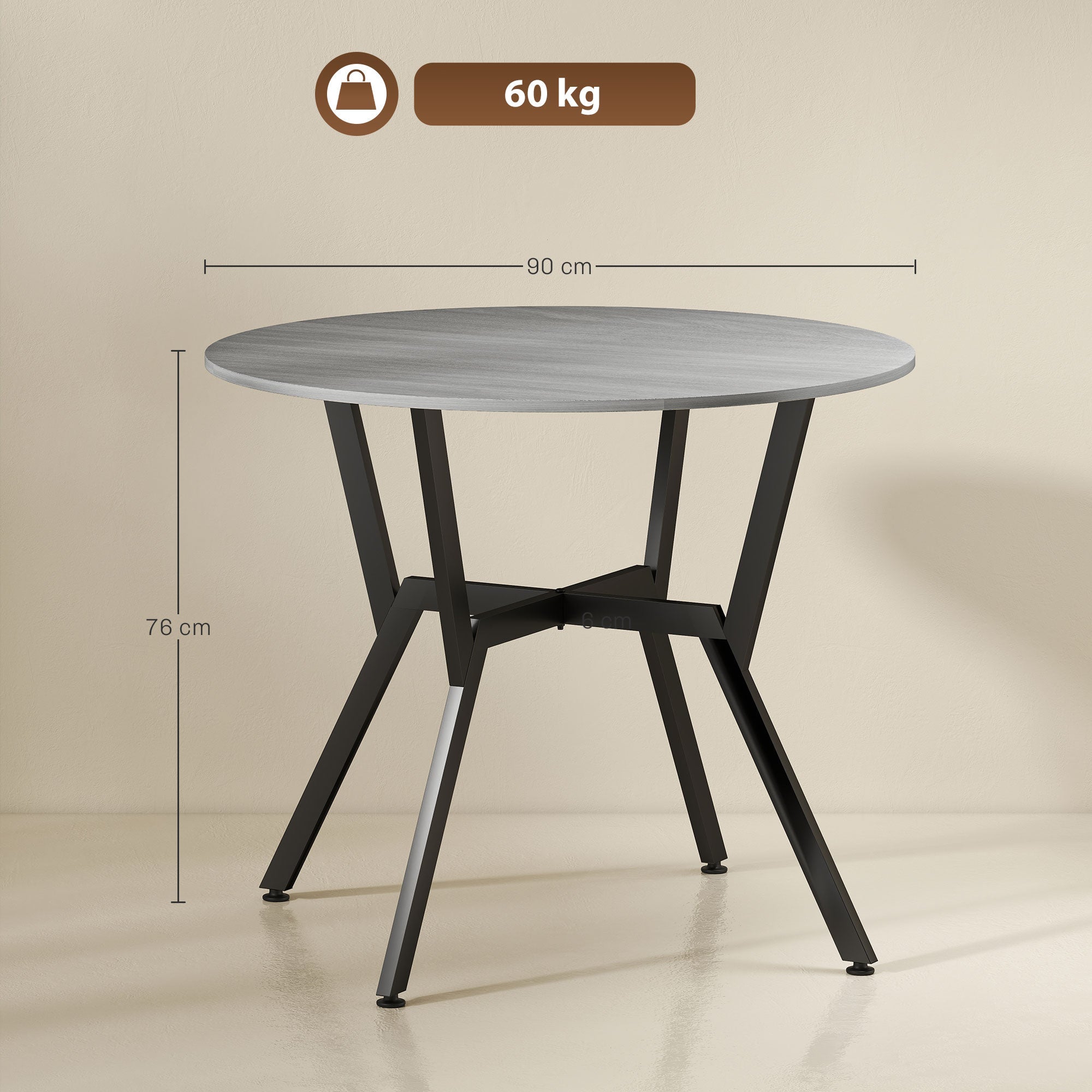 HOMCOM Dining Table, Round Kitchen Table with Black Legs, Anti-slip Foot Pads for Living Room, Dining Room 90 x 76 cm, Grey