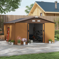 Outsunny 13 x 11ft Metal Garden Shed, Waterproof Outdoor Bike Storage Shed Galvanised with Vents, Foundation Kit, Apex Roof and Lockable Double Doors for Patio Lawn, Light Brown