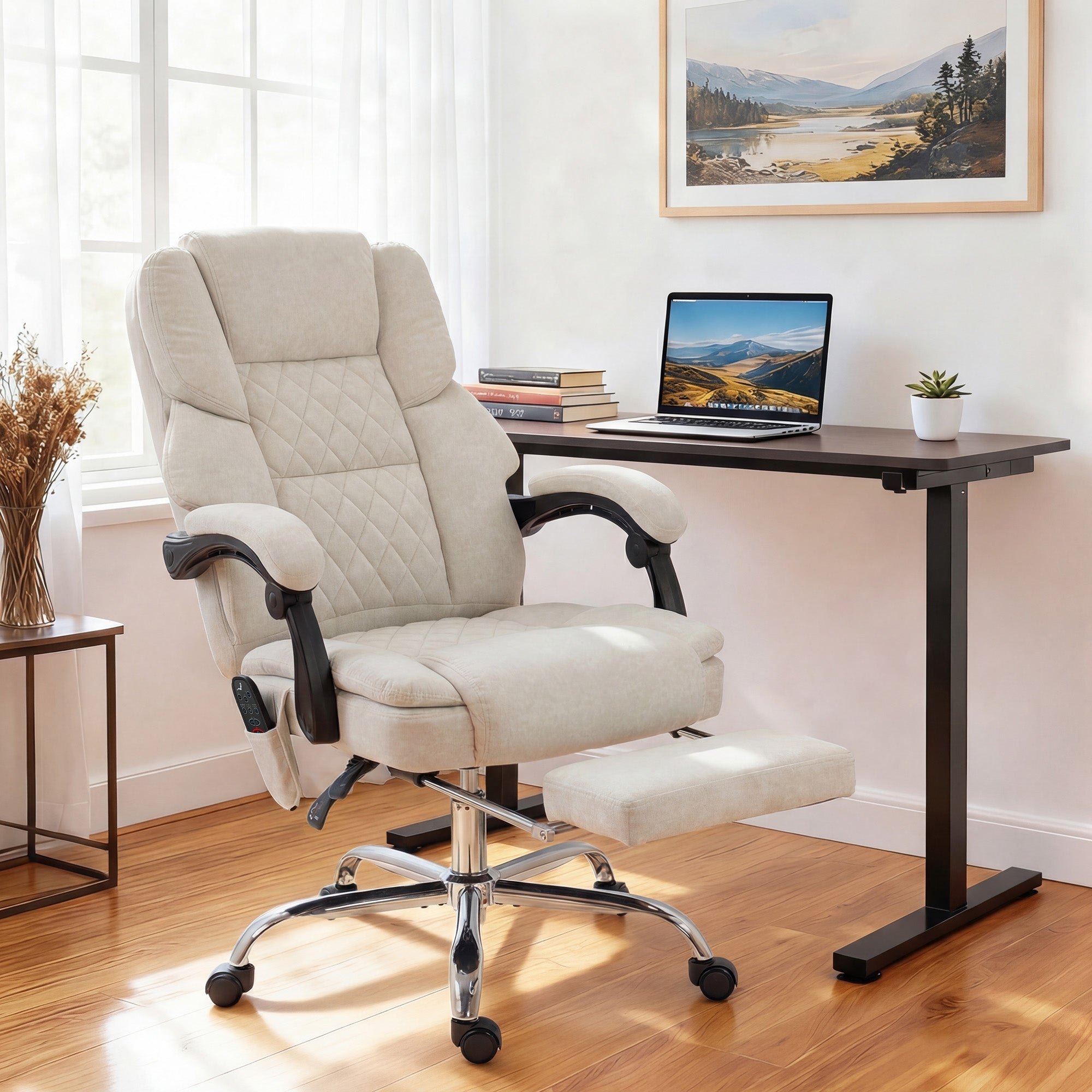 HOMCOM Office Chair with 6-point Vibration Massage and Heat, Fabric Desk Chair with Footrest, High Back, Cream White