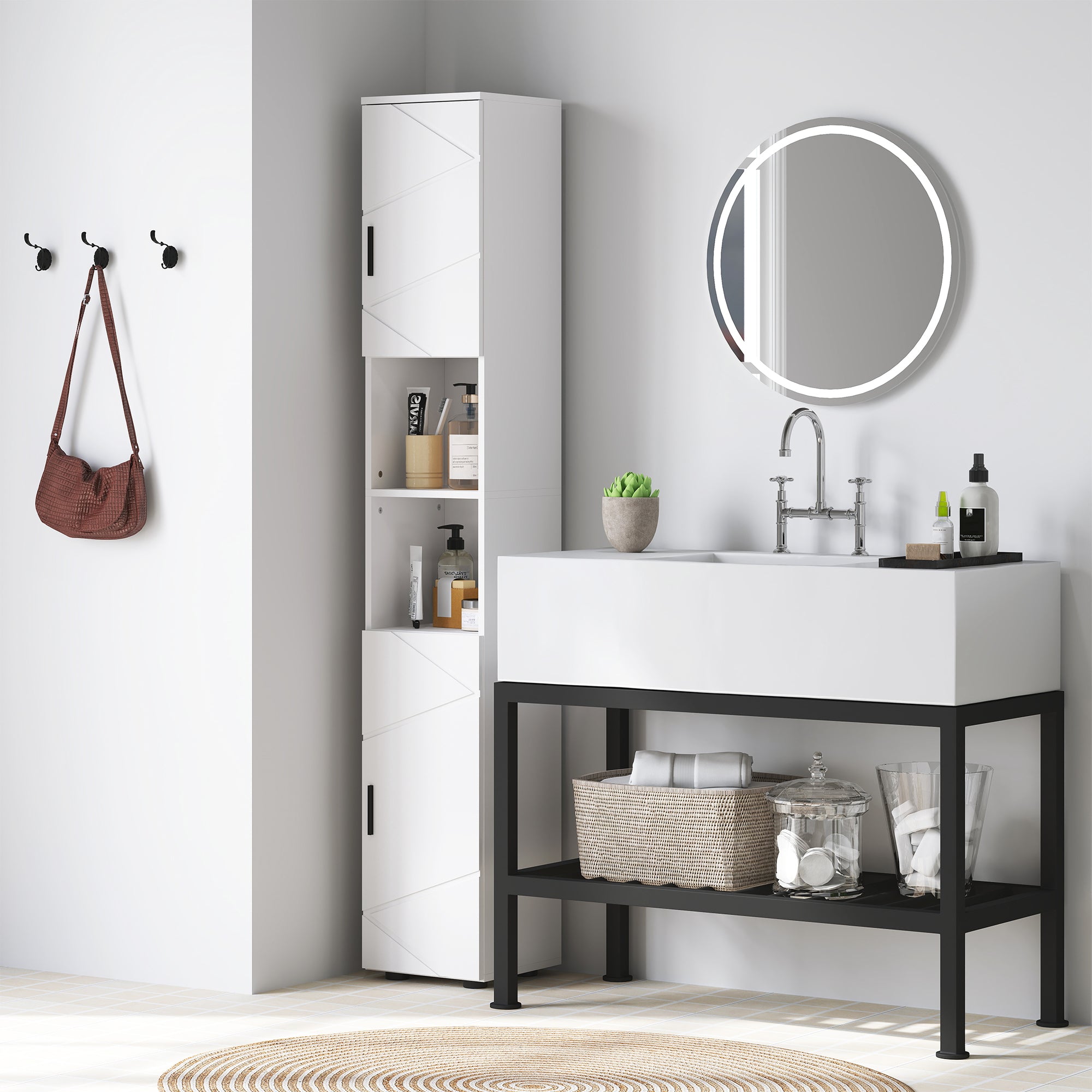 kleankin Line Embossed Tall Bathroom Storage Cabinet - White