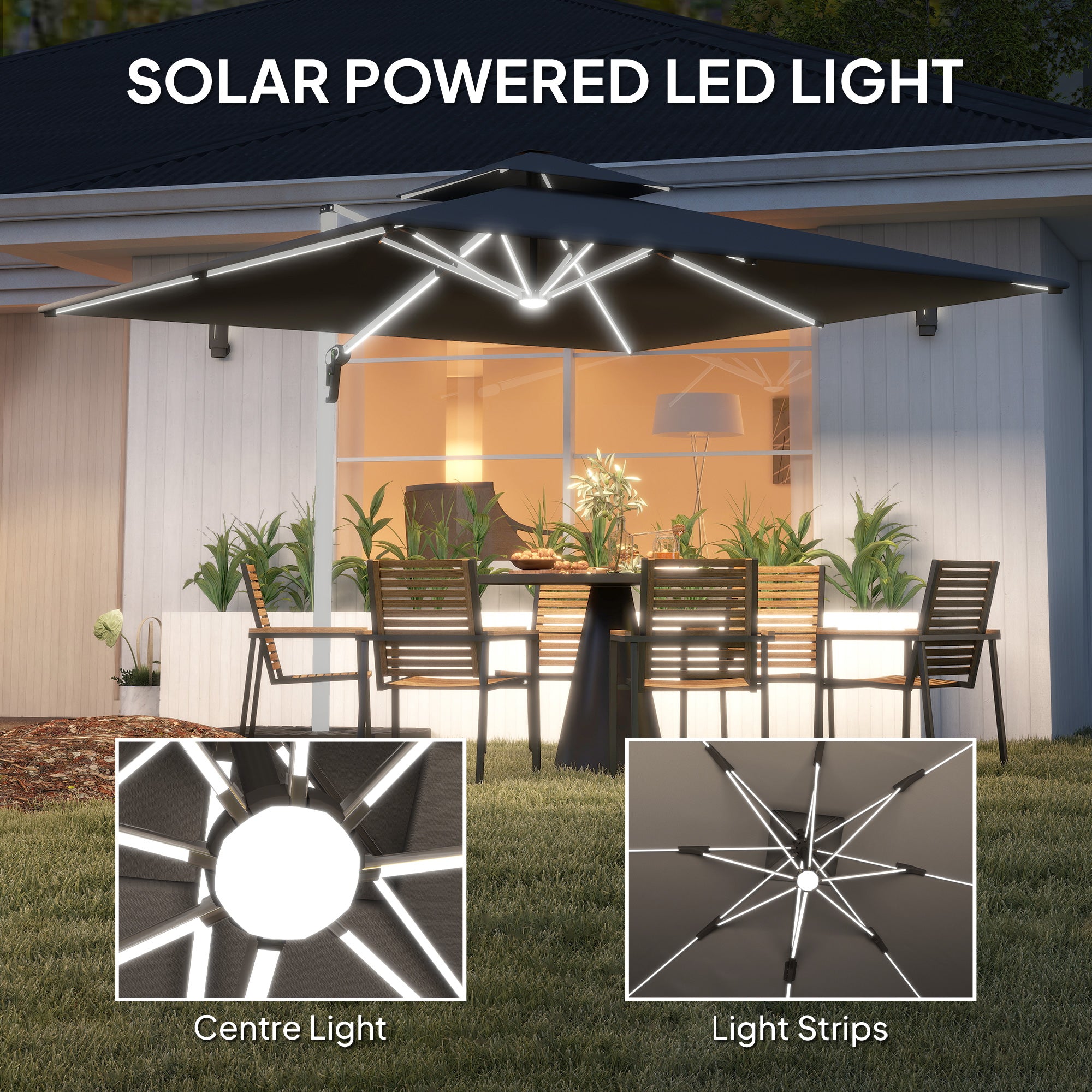 Outsunny 3(m) Garden Cantilever Parasol with Solar LED Lights, Cross Base, 360√Ç¬∞ Rotation, Crank Handle and Tilt, Grey