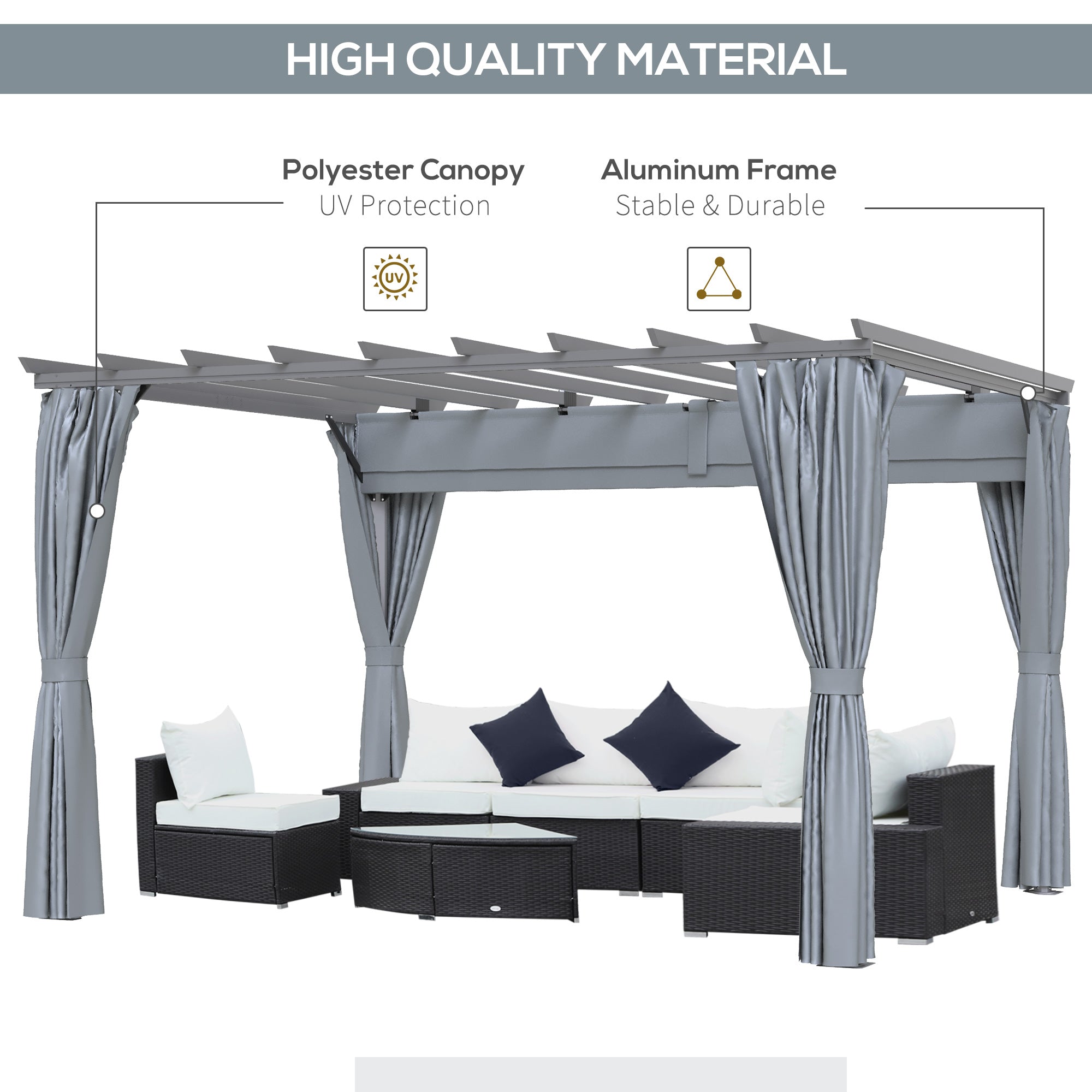 Outsunny 3.6 x 3(m) Outdoor Pergola with Retractable Roof and Curtains, Garden Gazebo Canopy Sun Shade Shelter with Aluminum Frame, Dark Grey