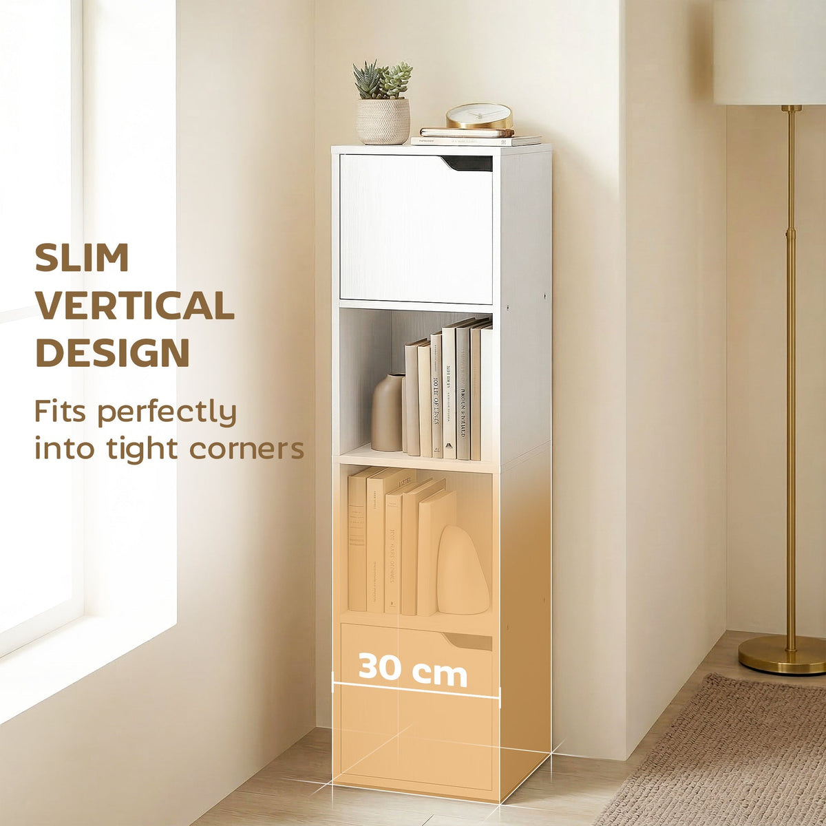 HOMCOM Narrow Bookcase, 4-Tier Bookshelf, Storage Cabinet with doors for Living Room, Bedroom, White