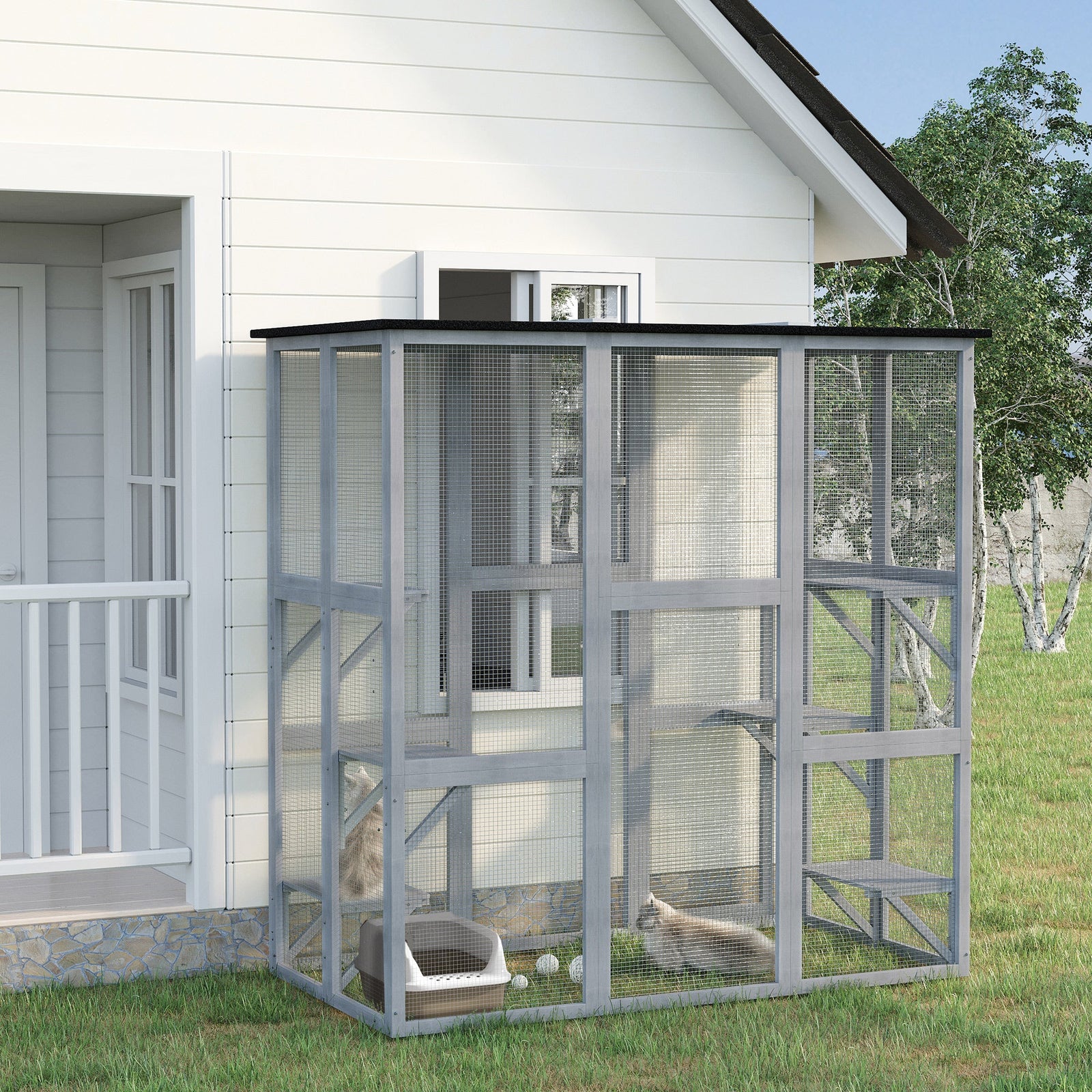 PawHut Wooden Catio Cat Outdoor Enclosure, Cat Cage with Waterproof Roof, Platforms, for Multiple Kittens, 180 x 98 x 180 cm