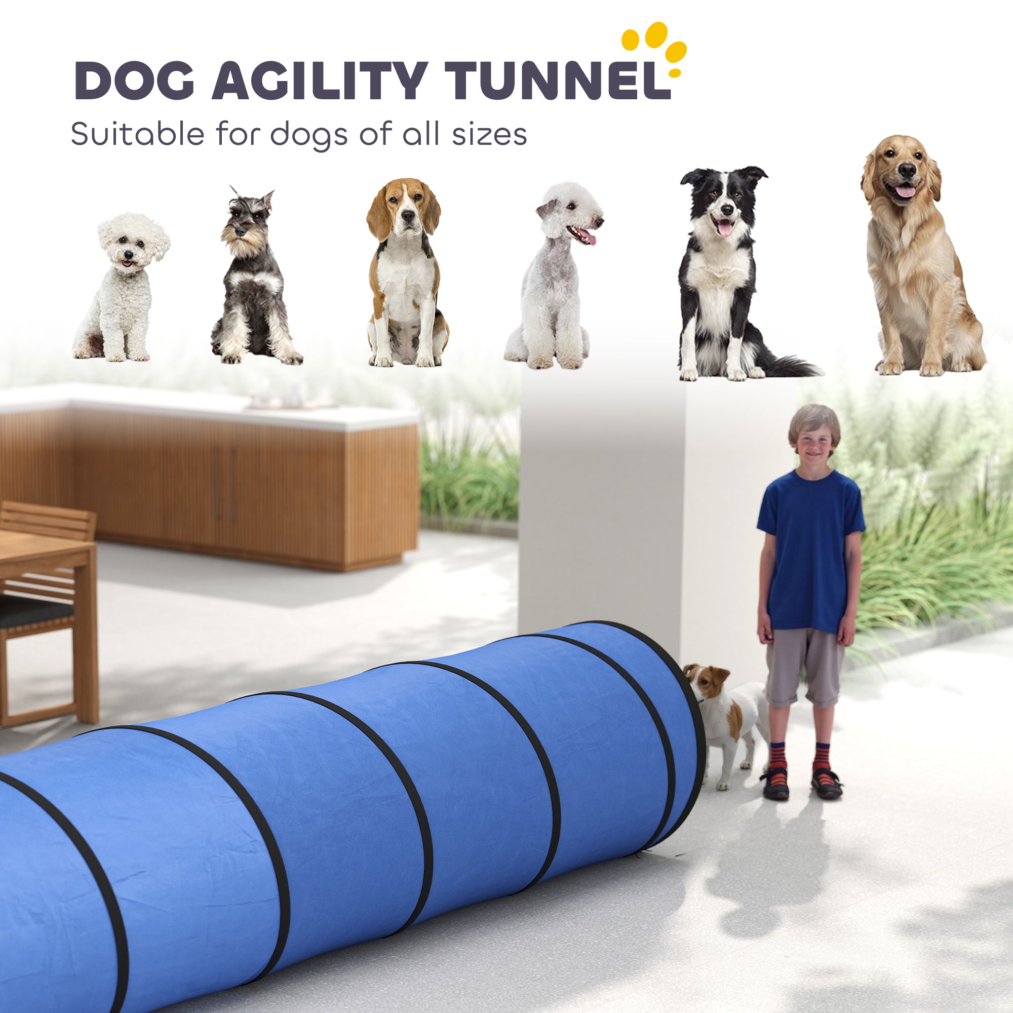 PawHut Dog Tunnel, 500 x 60 cm, Foldable Play Tunnel with 6 Pegs and Bag, Tear-Resistant Outdoor Dog Agility Equipment, Blue