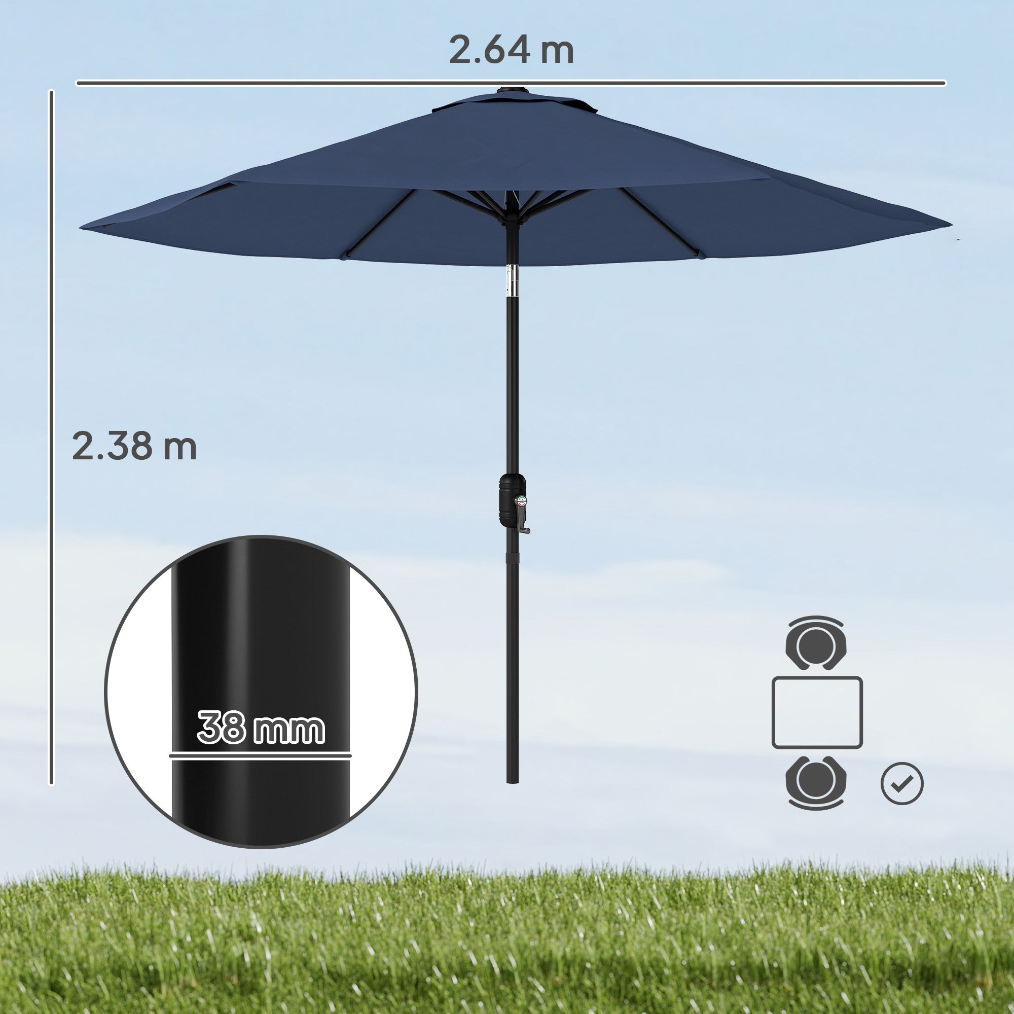 Outsunny 2.6 m Garden Parasol Umbrella with Aluminium Pole, Outdoor Patio Umbrella with Tilt and Crank, Vent, Navy Blue