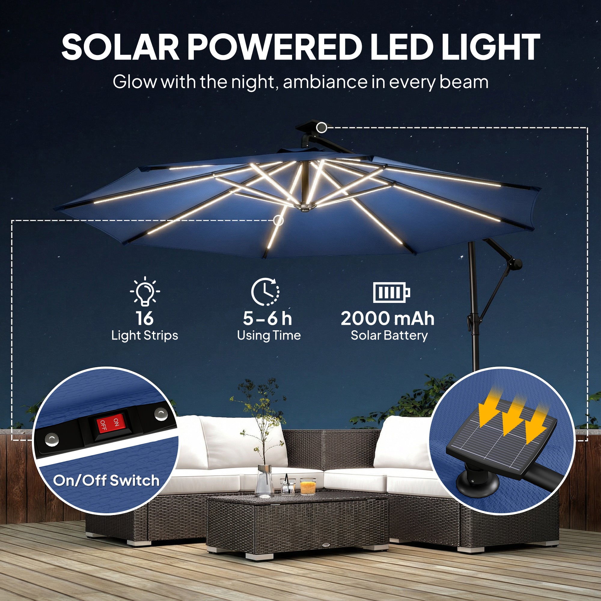 Outsunny 3 m Garden Cantilever Parasol with LED Solar Light, Round Overhanging Umbrella with 360Â° Rotation, Cover, Navy Blue