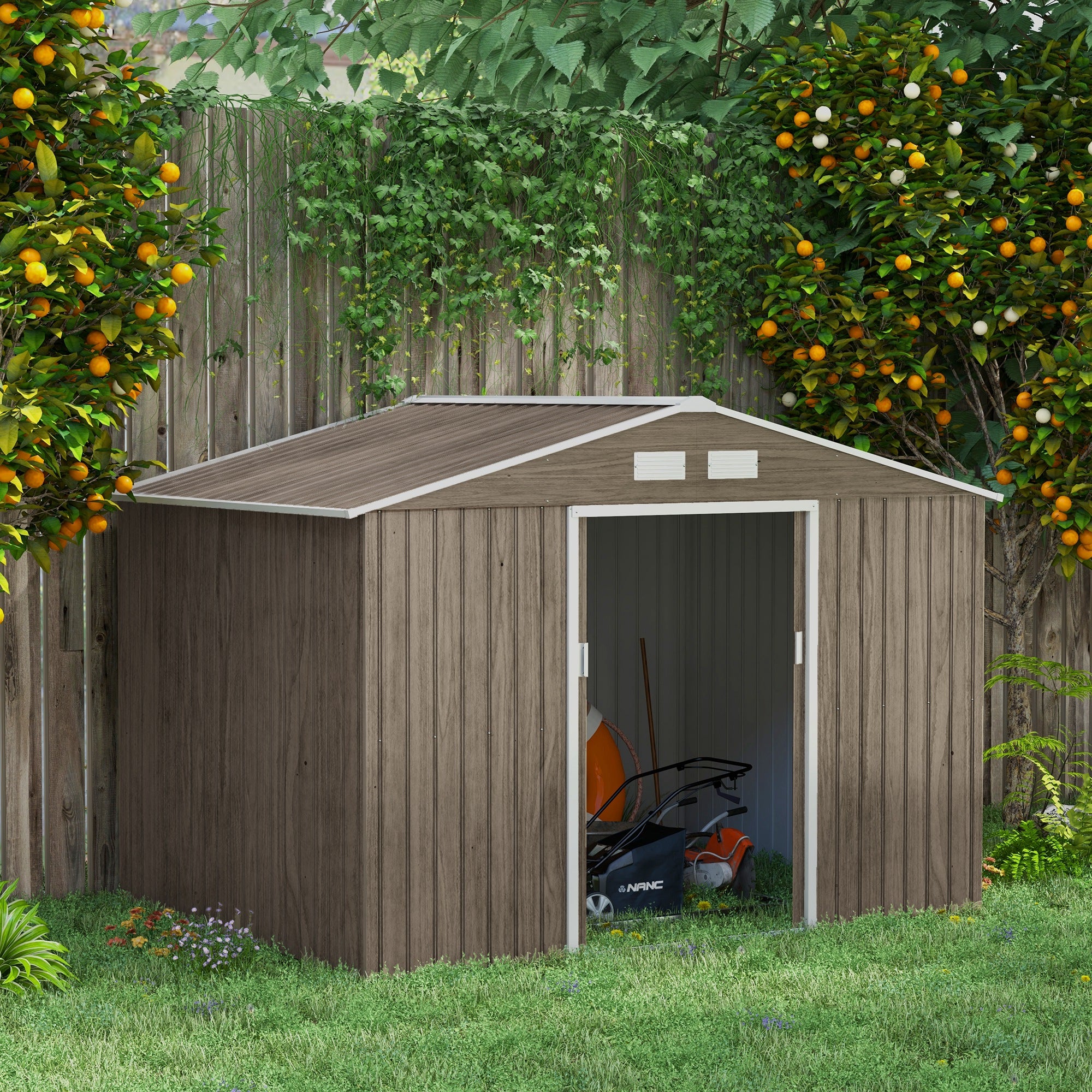 Outsunny 9 x 6ft Steel Garden Shed, Outdoor Storage Tool House with Vents, Foundation and Lockable Double Doors, Brown