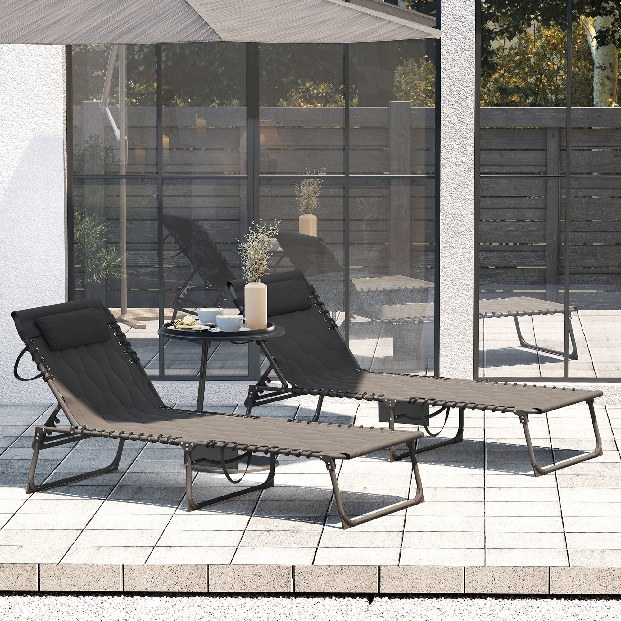 Outsunny Set of Two Sun Loungers, with Five-Position Reclining Backs - Black