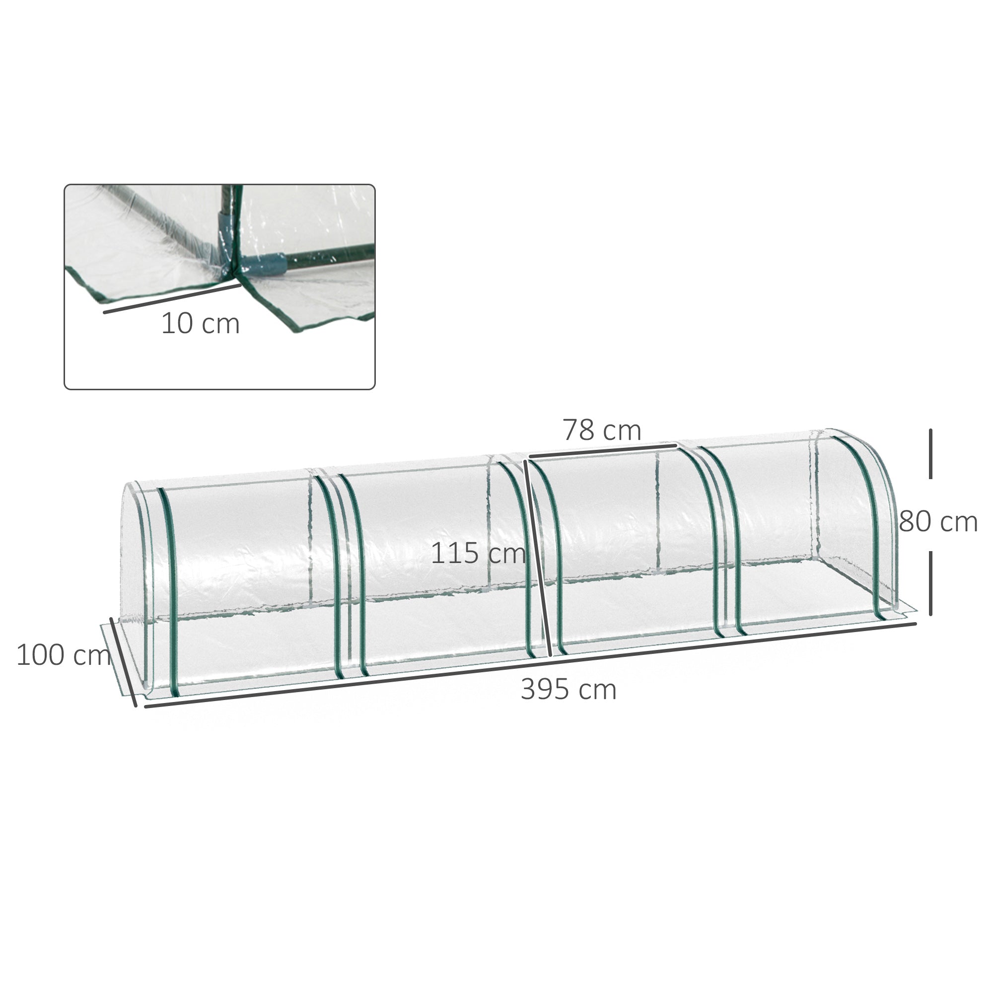 Outsunny PVC Tunnel Greenhouse Green Grow House Steel Frame for Garden Backyard with Zipper Doors 395 x 100 x 80cm, Clear